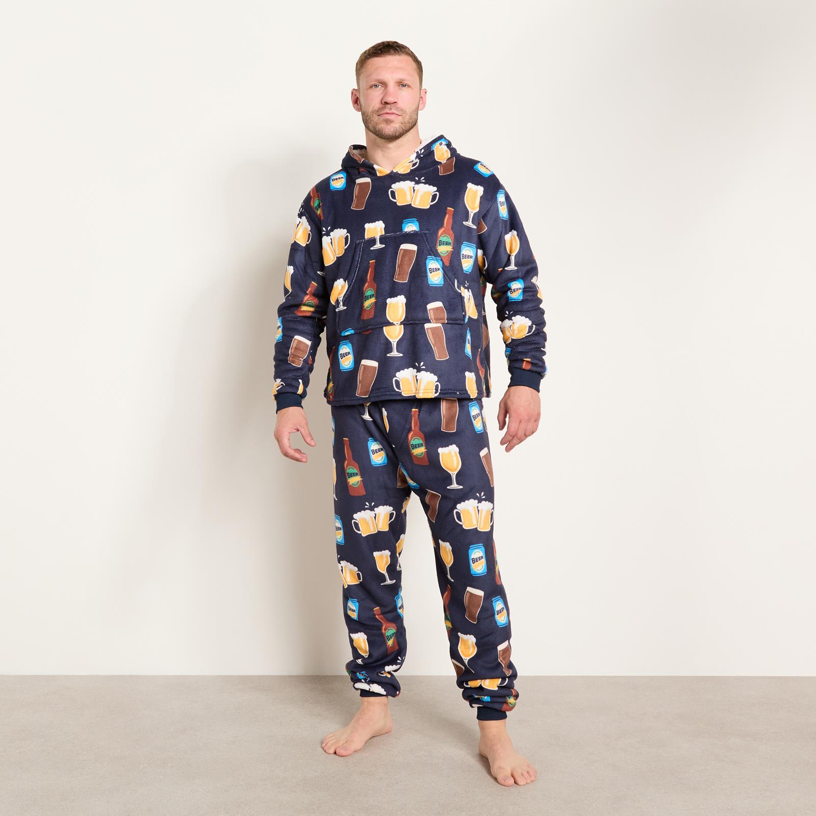 OHS Mens Printed Loungewear Set Winter Sherpa Nightwear 2-Piece Hoodie Jogger