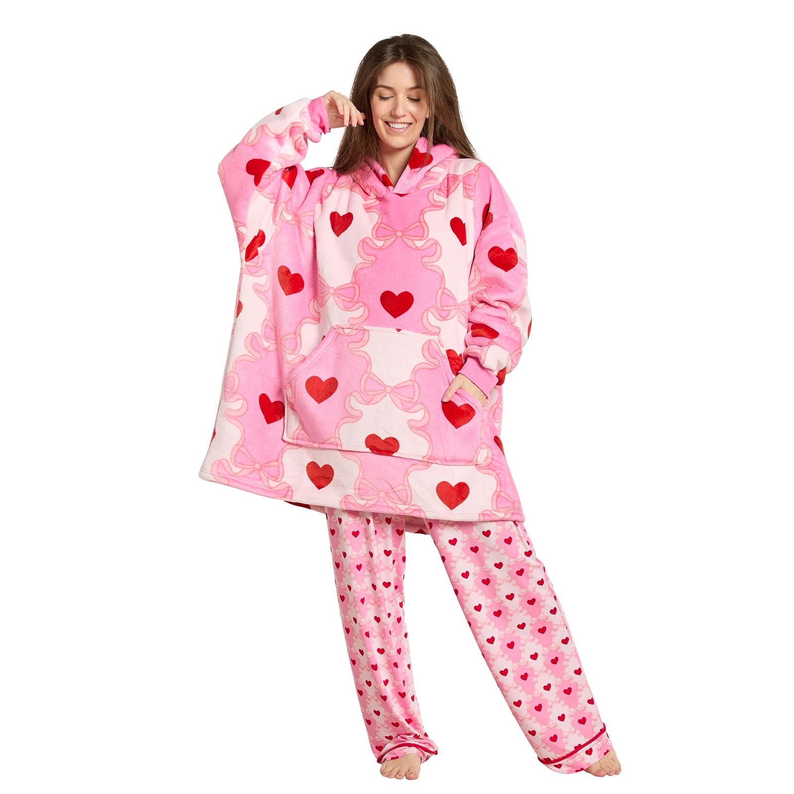 OHS Bow Lattice Hoodie Blanket Sherpa Lined Fleece Wearable Throw Thermal
