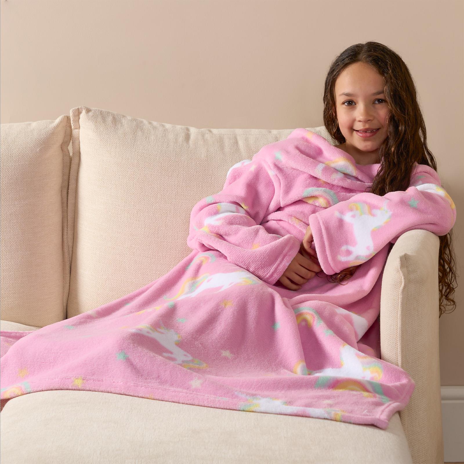 Kids Fleece Blanket with Sleeves Arms Wearable Supersoft Cosy Plush Warm Throw