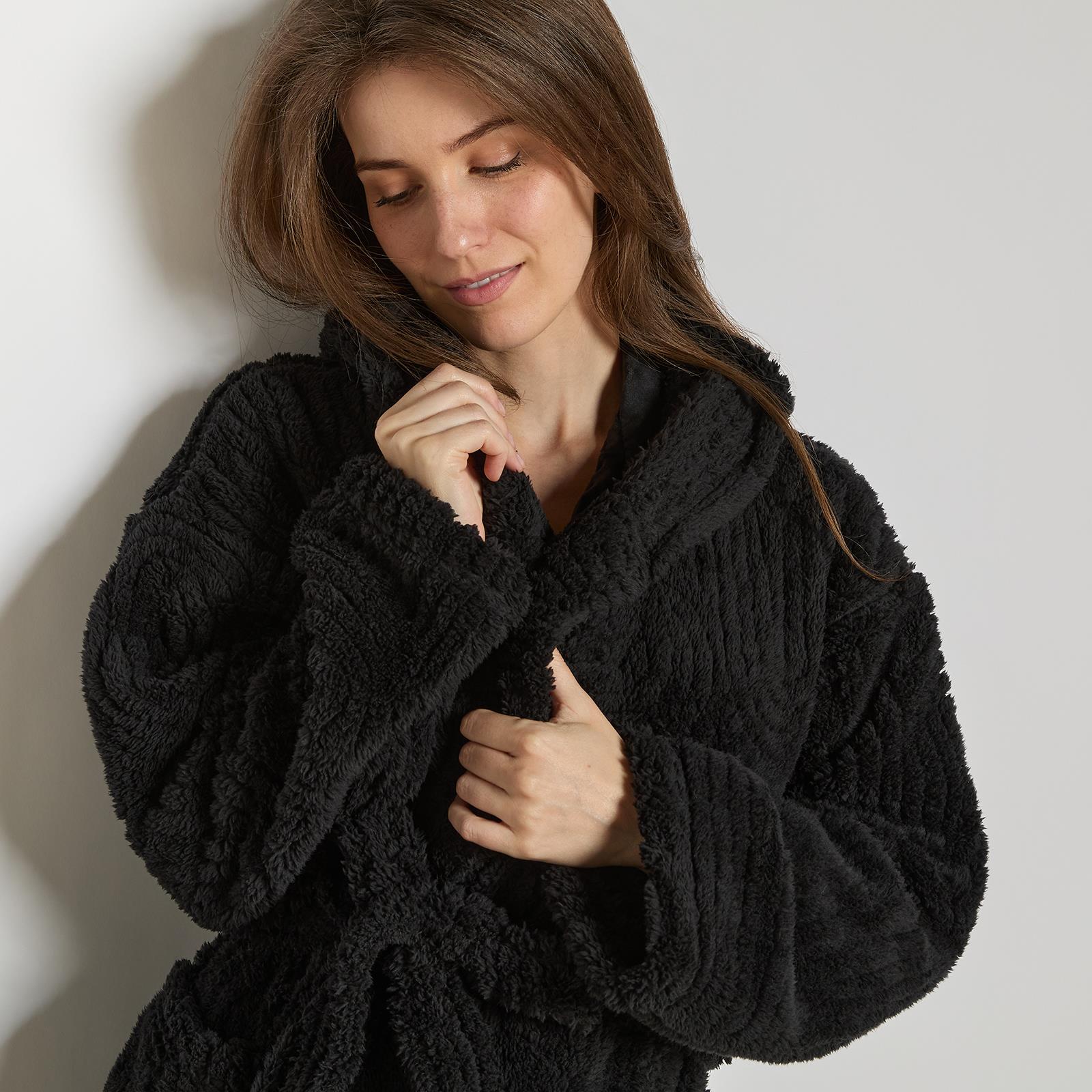 OHS Tufted Dressing Gown Soft Fleece Robe Thermal Bathrobe Hooded Loungewear