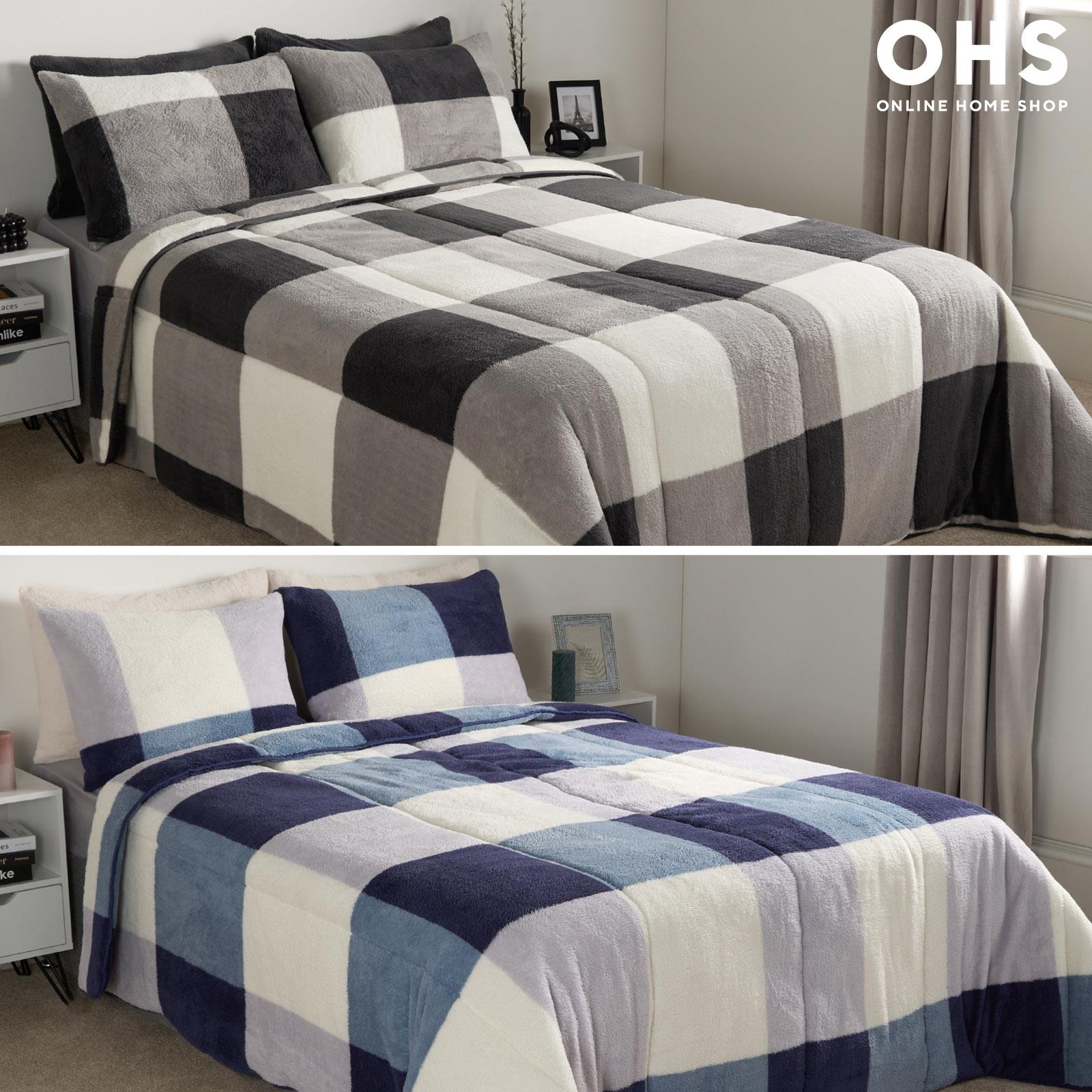 OHS Check Coverless Duvet Pillowcase Bedding Set Teddy Fleece Gingham 10.5 TOG