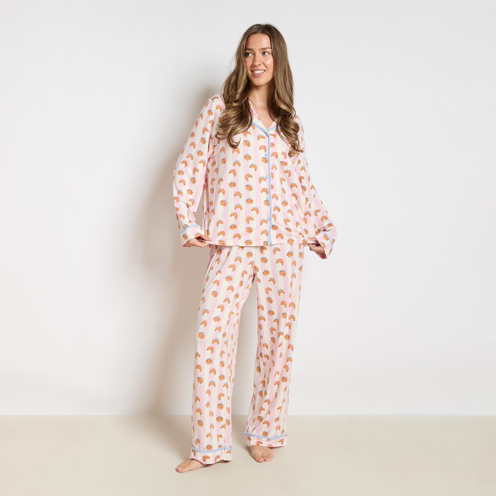 OHS Breakfast Pyjama Set Jersey Button Through Ultra Soft Nightwear Loungewear