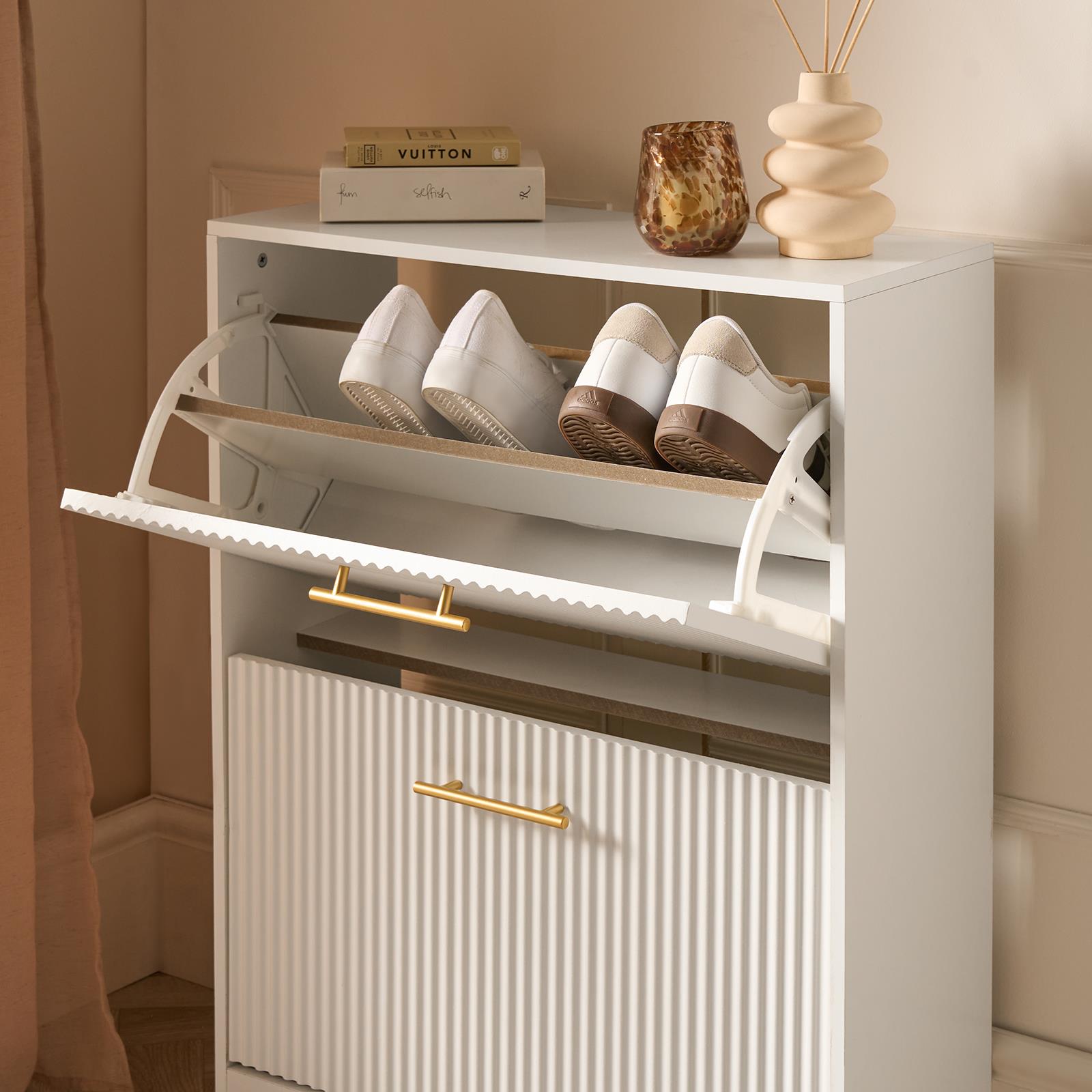 OHS Ribbed Shoe Rack 2 Drawer Wooden Cabinet Shoes Organiser Stand Holder