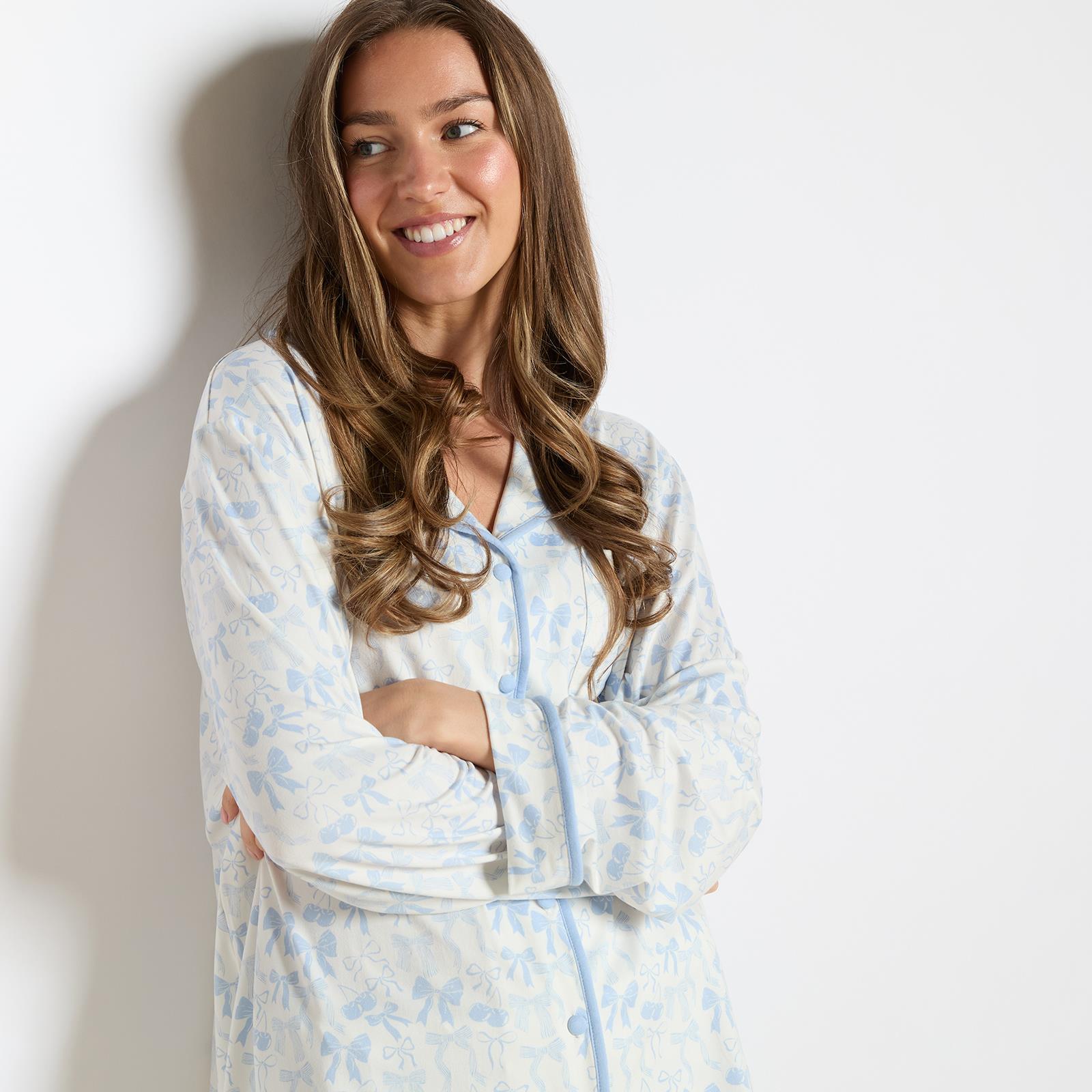 OHS Bows Pyjama Set Womens Jersey Button Through Soft Nightwear Loungewear
