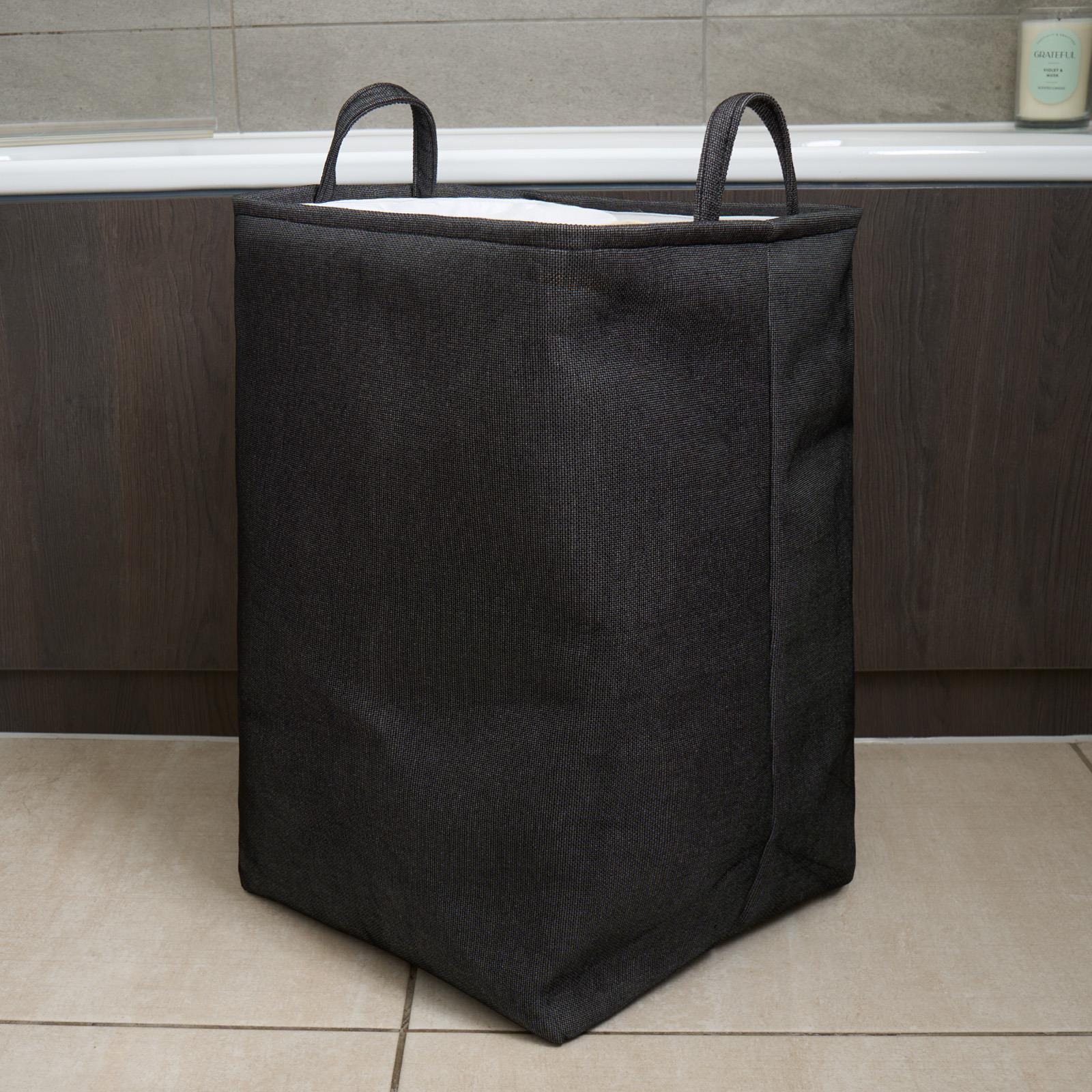 Laundry Basket Bag Foldable Drawstring Clothes Bin Organiser Faux Linen Handles