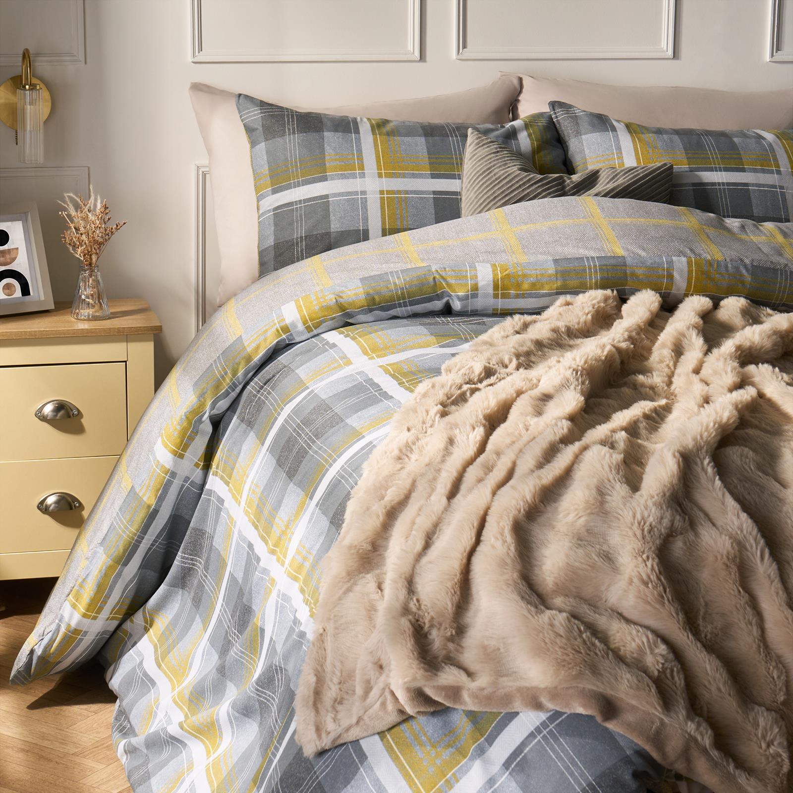 OHS Denim Check Duvet Cover with Pillowcase Tartan Bedding Set Ochre Grey