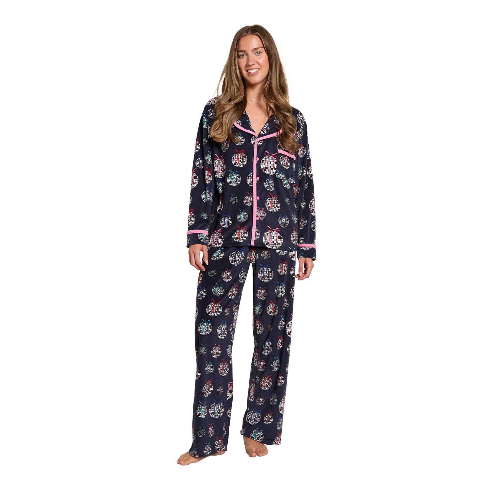 OHS Matte Velvet Pyjama Set Festive Piped Button Through Nightwear PJs
