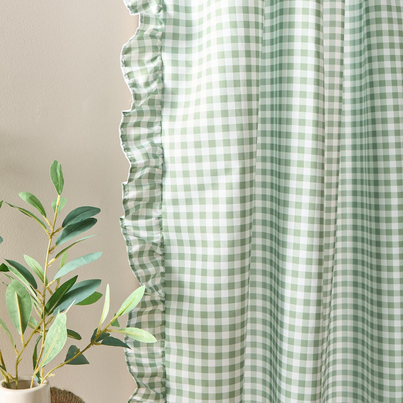 OHS Gingham Frill Voile Net Curtains 2 Window Panels Sheer Rod Slot Top Pair Set