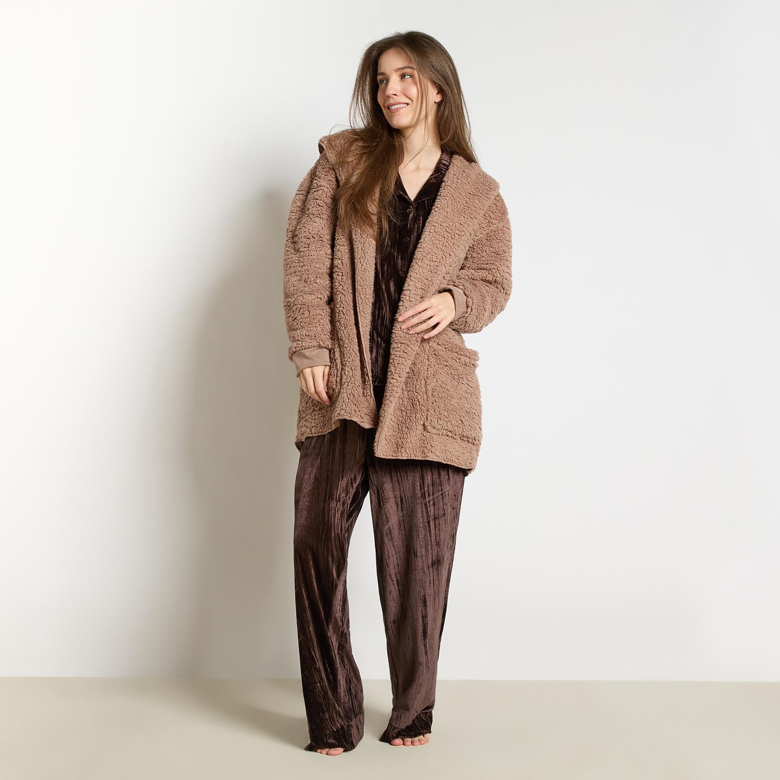 OHS Waterfall Cardigan Warm Teddy Fleece Open Front Wrap Loungewear Outwear