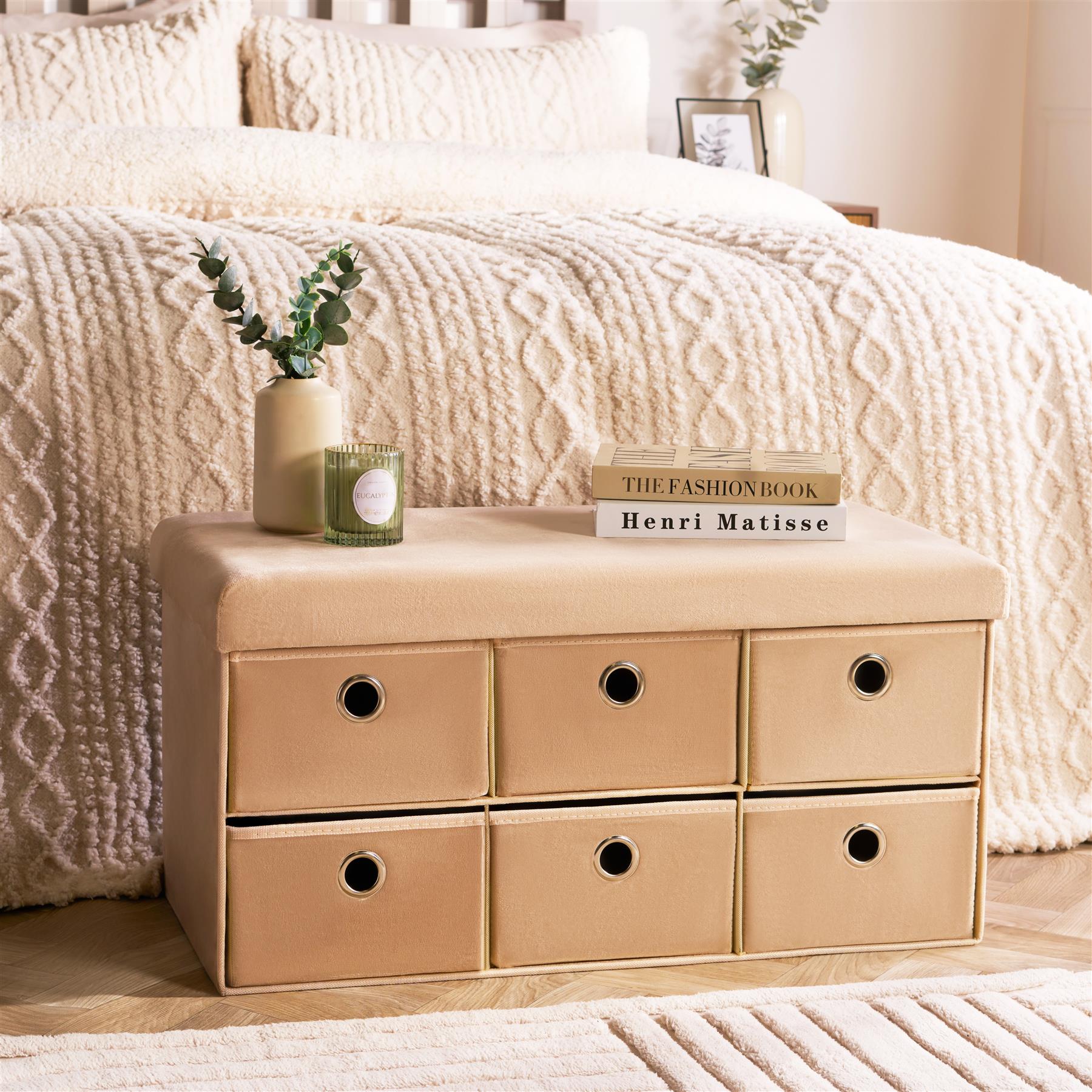 Storage Cube Unit 6 Draw Ottoman Space Saving Velvet Chest Shoe Boucle Organiser