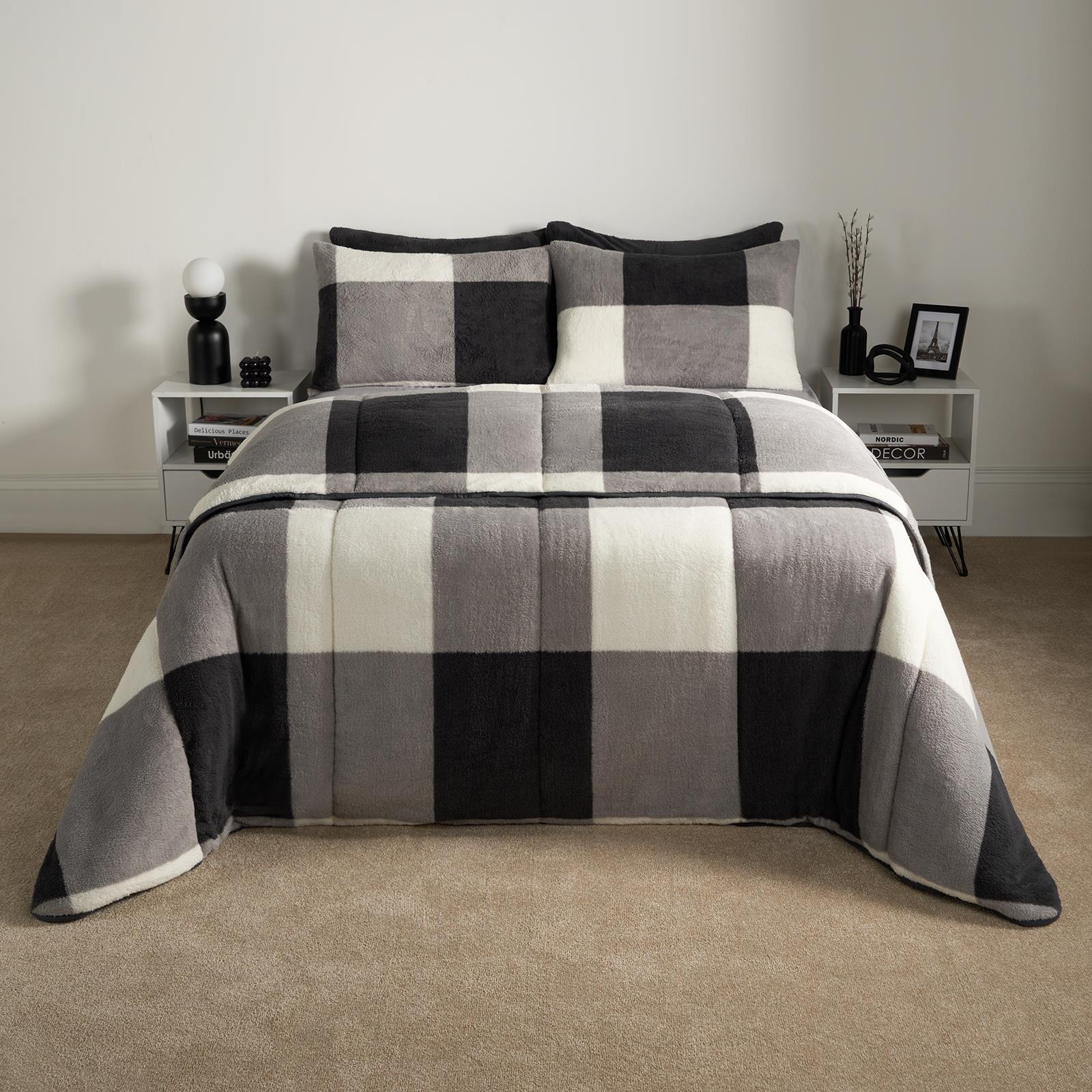 OHS Check Coverless Duvet Pillowcase Bedding Set Teddy Fleece Gingham 10.5 TOG