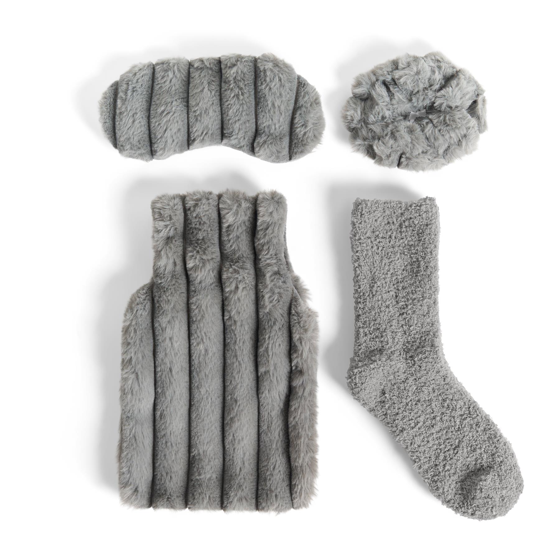 OHS Ribbed Faux Fur Winter Gift Set Hot Water Bottle Socks Eye Mask Scrunchie