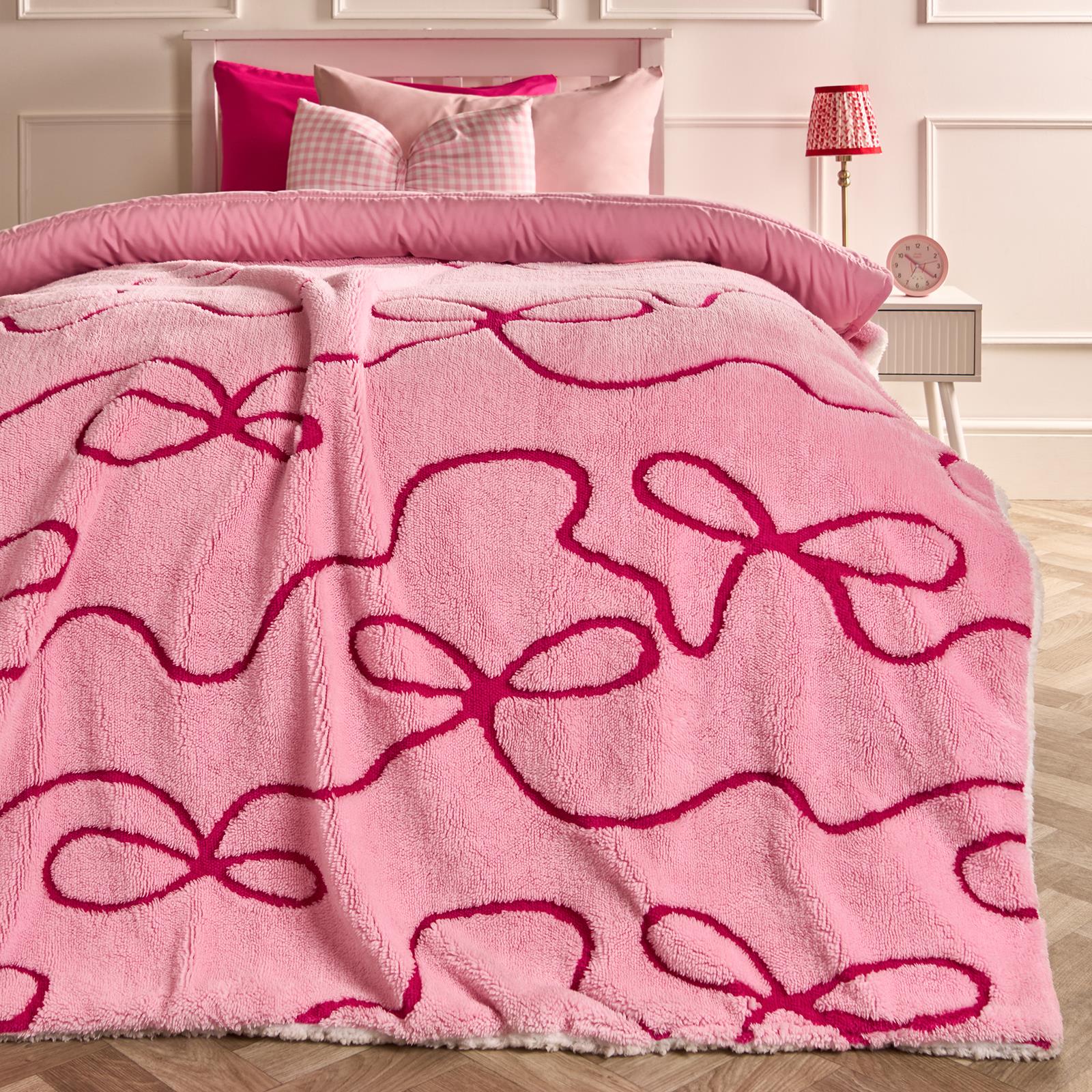 OHS Bows Throw Tufted Teddy Fleece Blanket Winter Soft Warm Bedspread