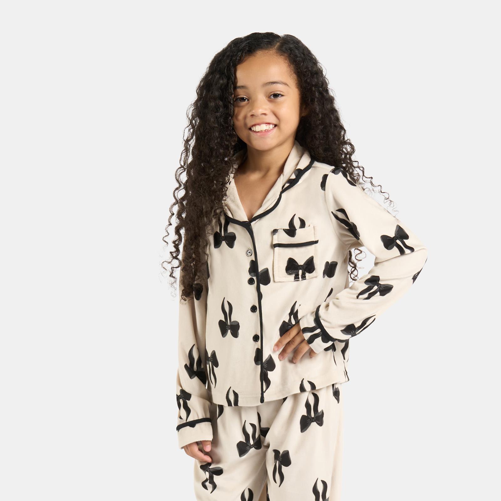 OHS Bows Pyjama Set Kids Button Through Baby Fleece Family Loungewear Nightwear