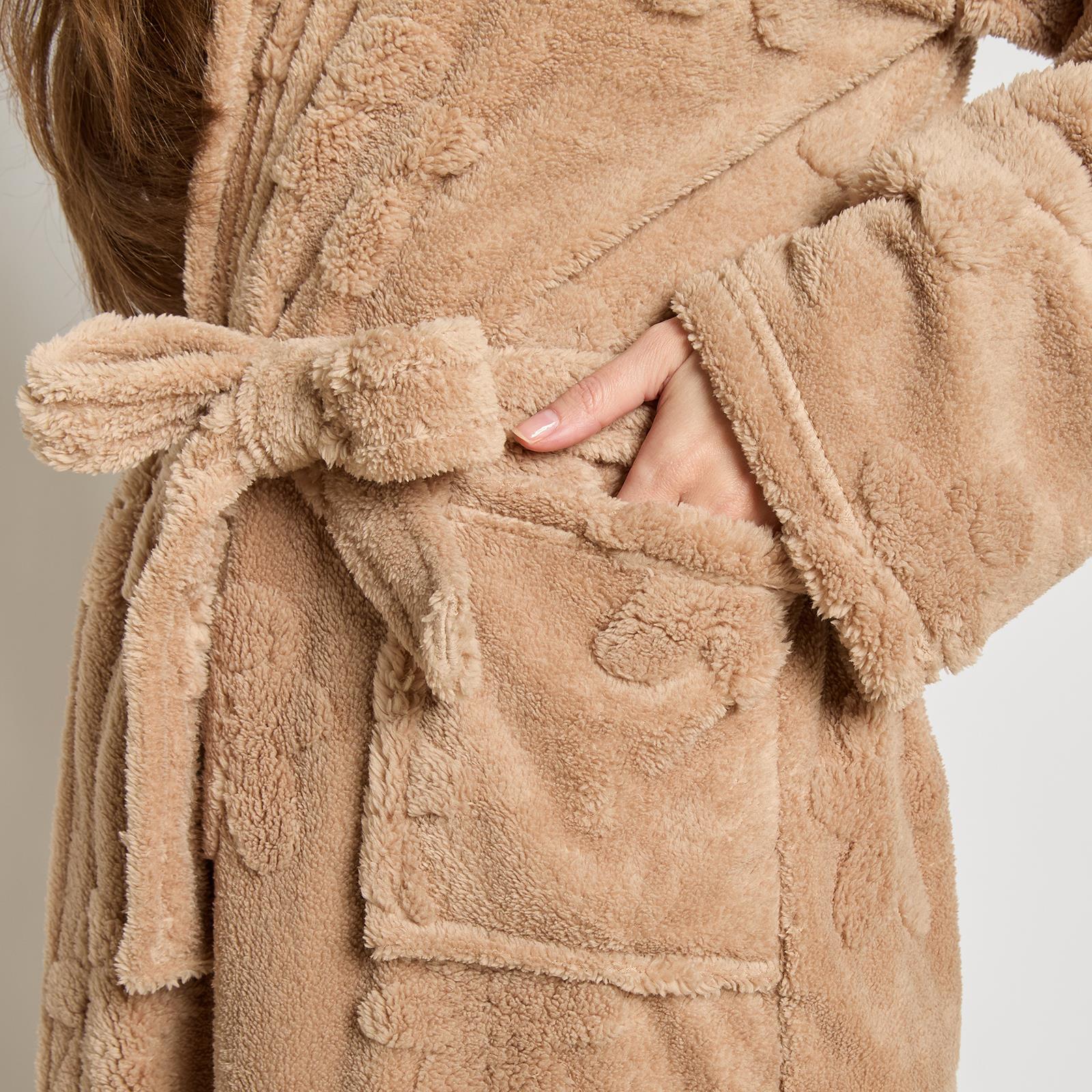 OHS Tufted Dressing Gown Soft Fleece Robe Thermal Bathrobe Hooded Loungewear