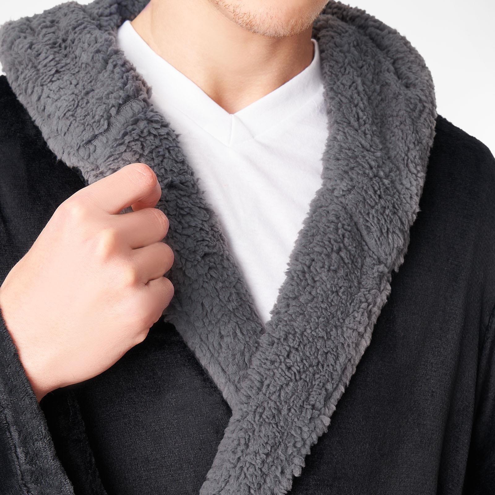 OHS Mens Dressing Gown Long Hooded Soft Flannel Fleece Sherpa Bathrobe Lounge