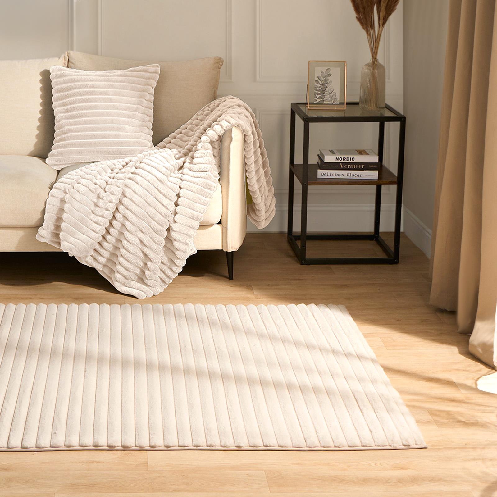 Faux Fur Rug Living Room Ribbed Large Mat Luxury Carpet Anti Slip Floor Runner