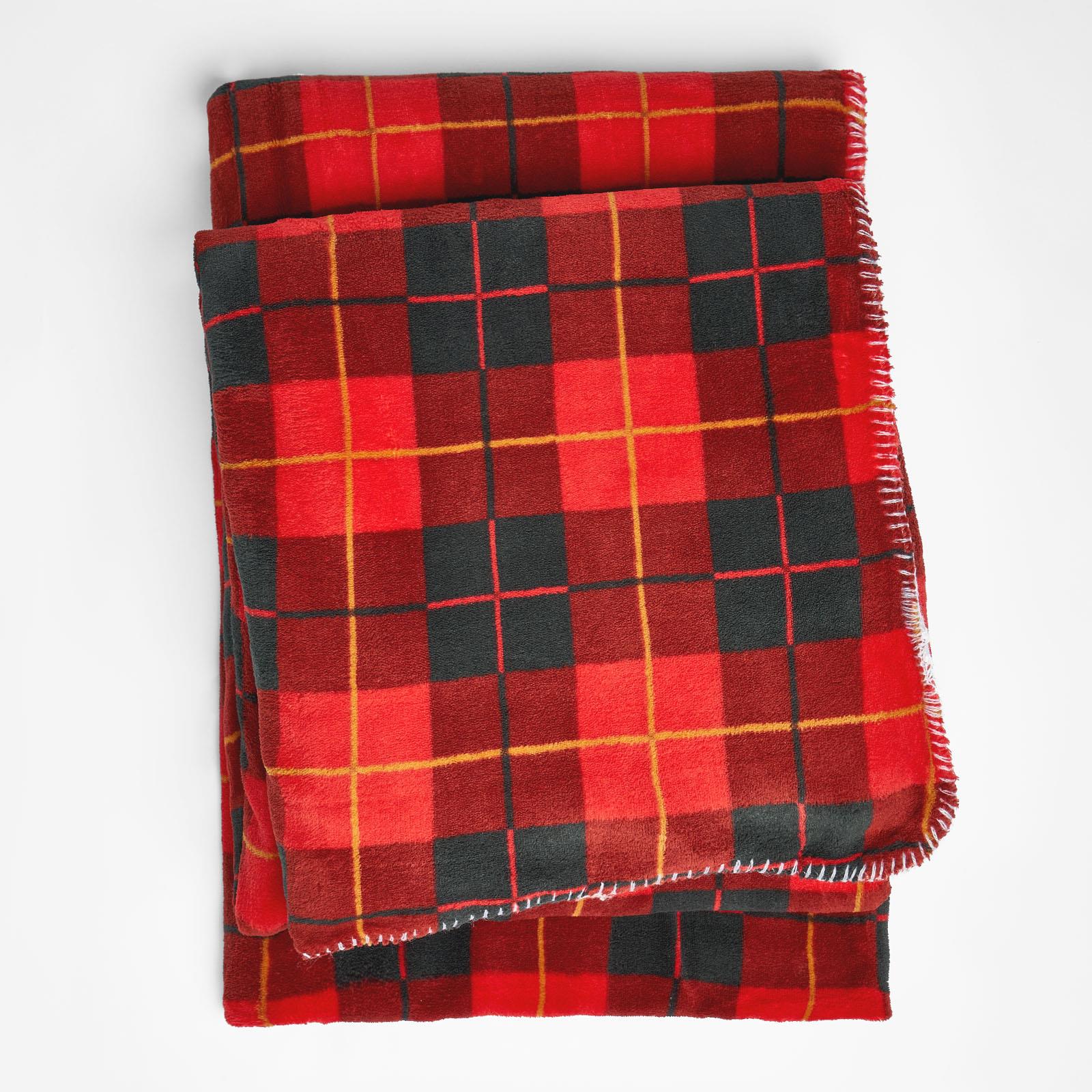 OHS Large Tartan Sherpa Flannel Fleece Throw Over Bed Blanket Check Red