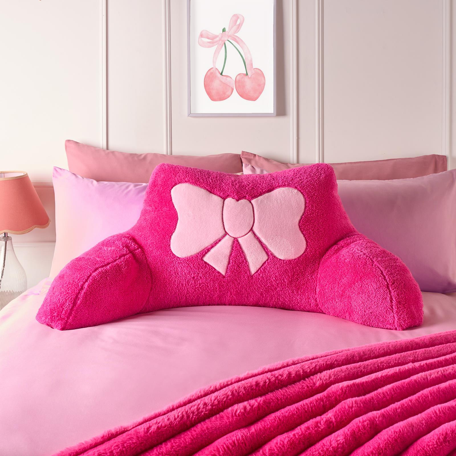 OHS Embroidered Bow Cuddle Cushion Teddy Fleece Reading Pillow with Arms