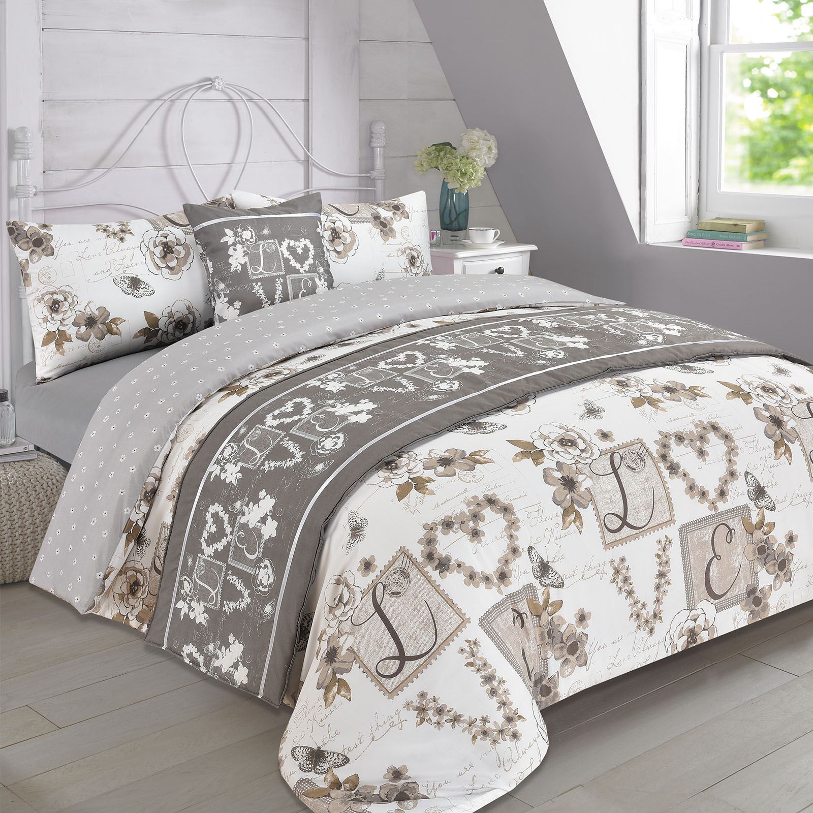 Dreamscene Complete Duvet Cover Bed in a Bag Bedding Set Grey Natural