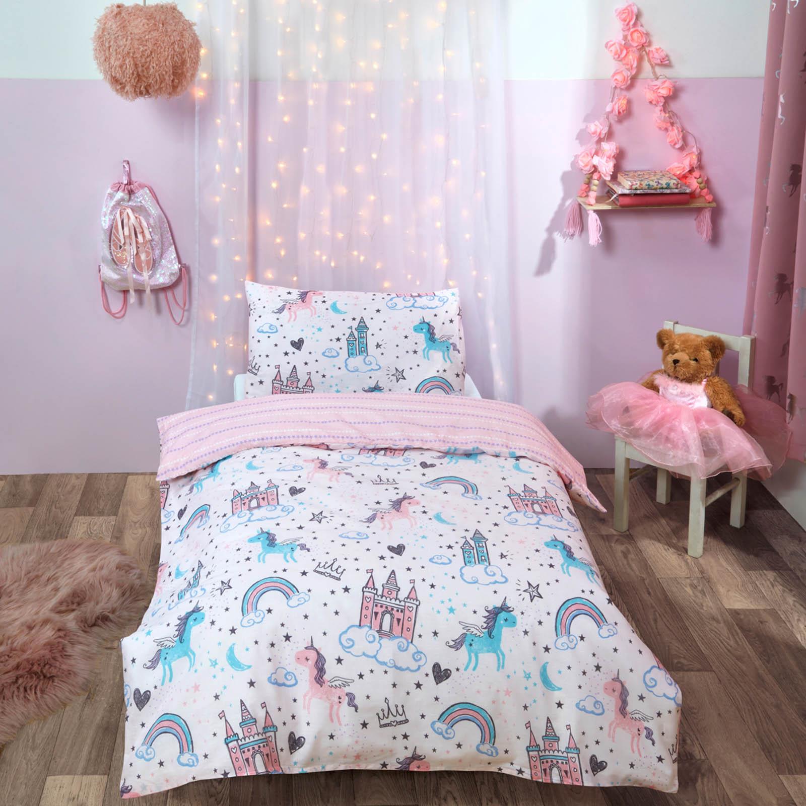Dreamscene Unicorn Kingdom Duvet Cover and Pillowcase Kids Pink Star