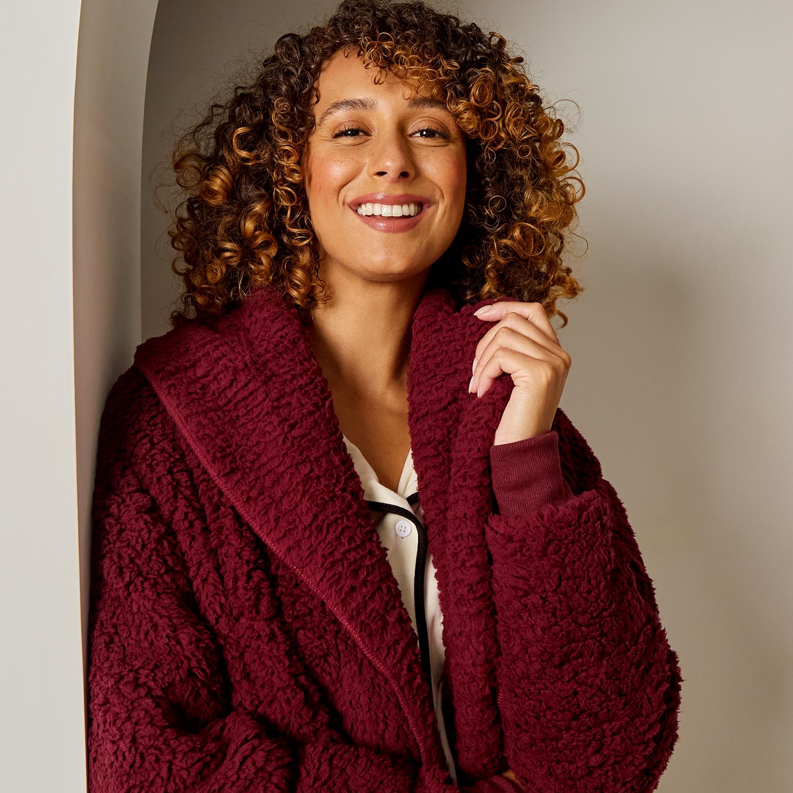OHS Waterfall Cardigan Warm Teddy Fleece Open Front Wrap Loungewear Outwear