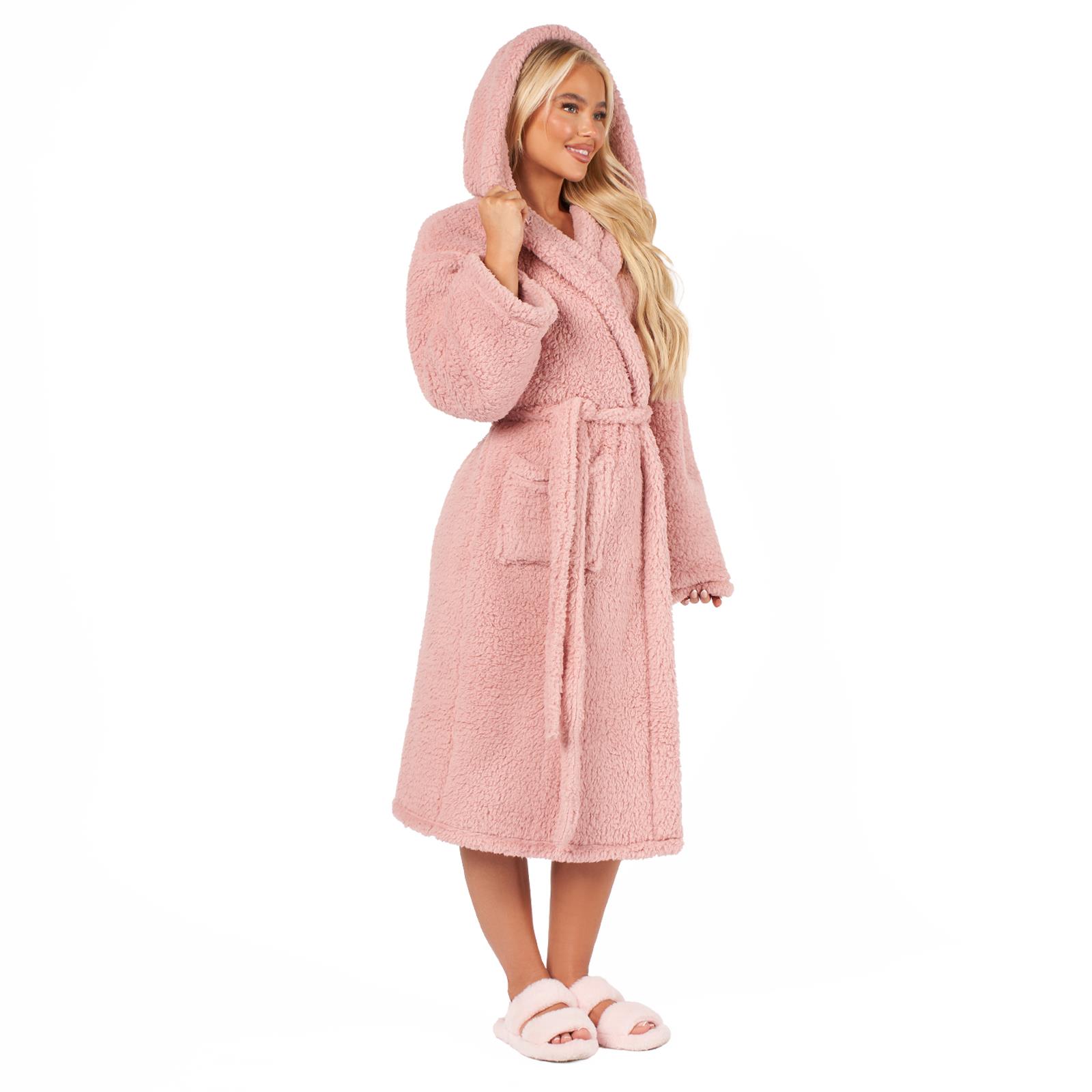 Teddy Fleece Long Dressing Gown Ladies Warm House Coat Hooded Long Cosy Robe - Picture 10 of 17