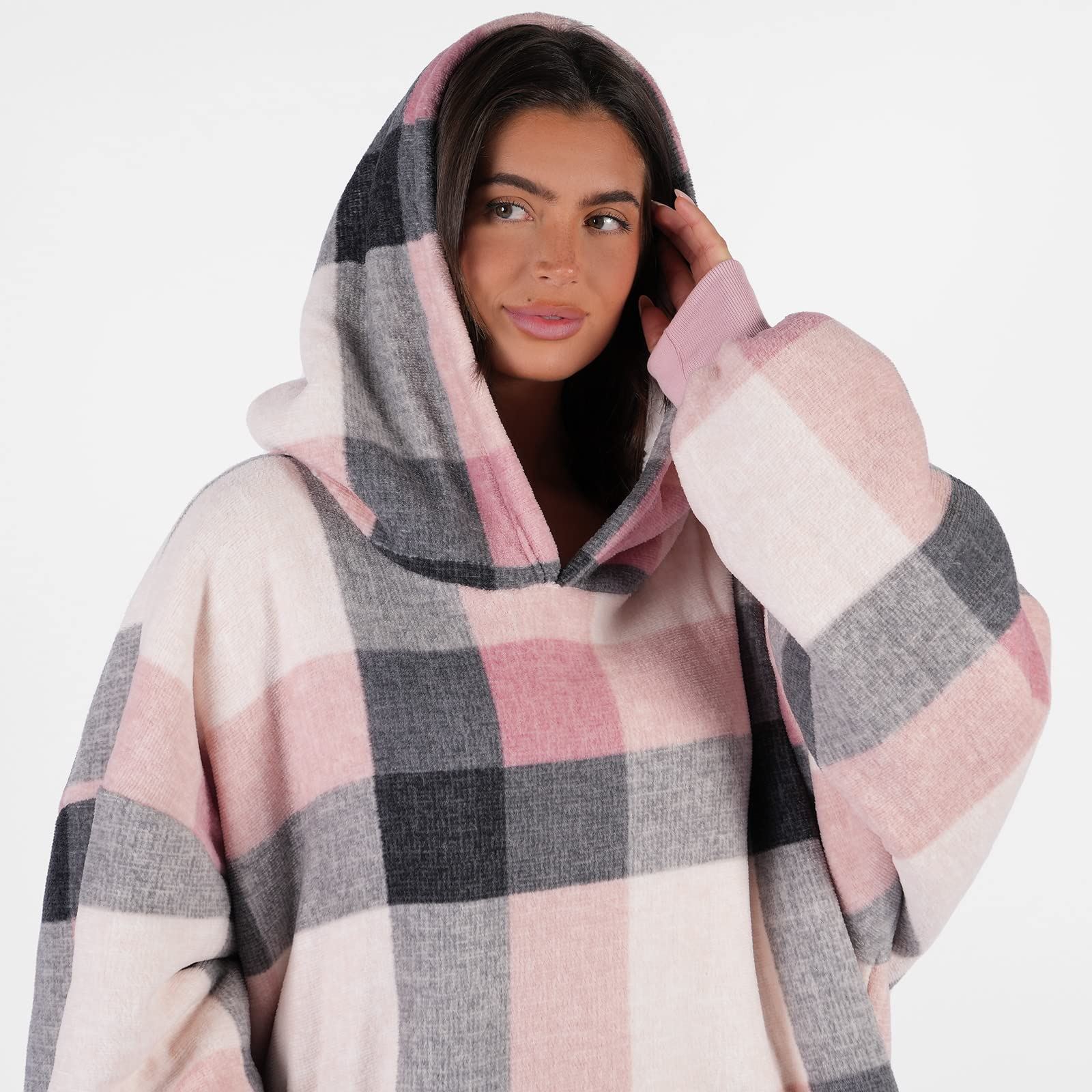 Dreamscene Check Hoodie Blanket Soft Wearable Sherpa Oversized Sweatshirt, Blush