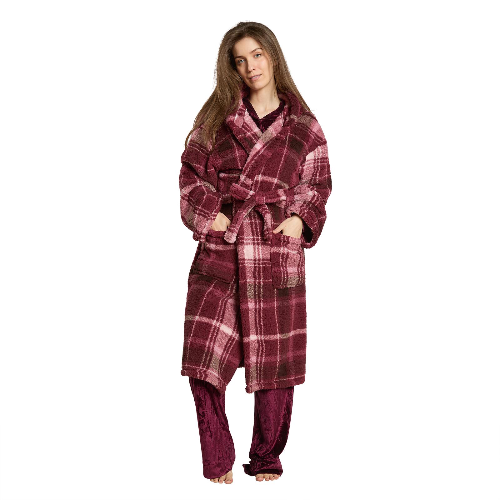 OHS Teddy Dressing Gown Tartan Check Soft Unisex Hooded Xmas Loungewear Robe