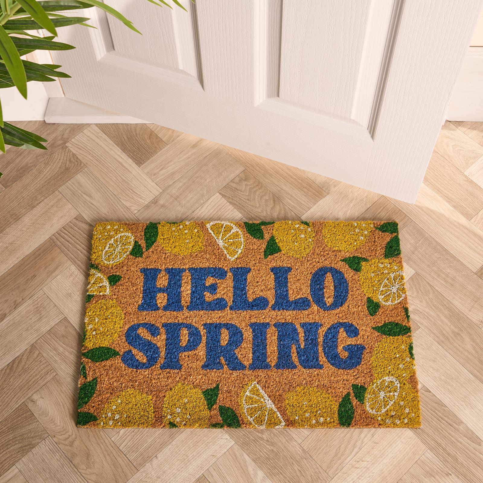 OHS Lemon Print Doormat Hello Spring Slogan Non Slip Indoor Outdoor Coir Rug