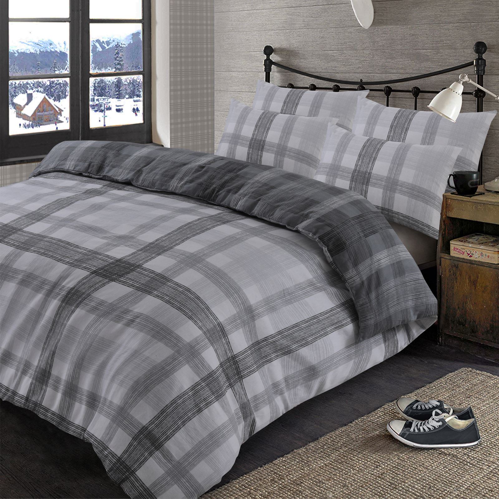Dreamscene Boston Brushed Cotton Duvet Cover Pillowcase Flannelette Bedding Set - Picture 2 of 3