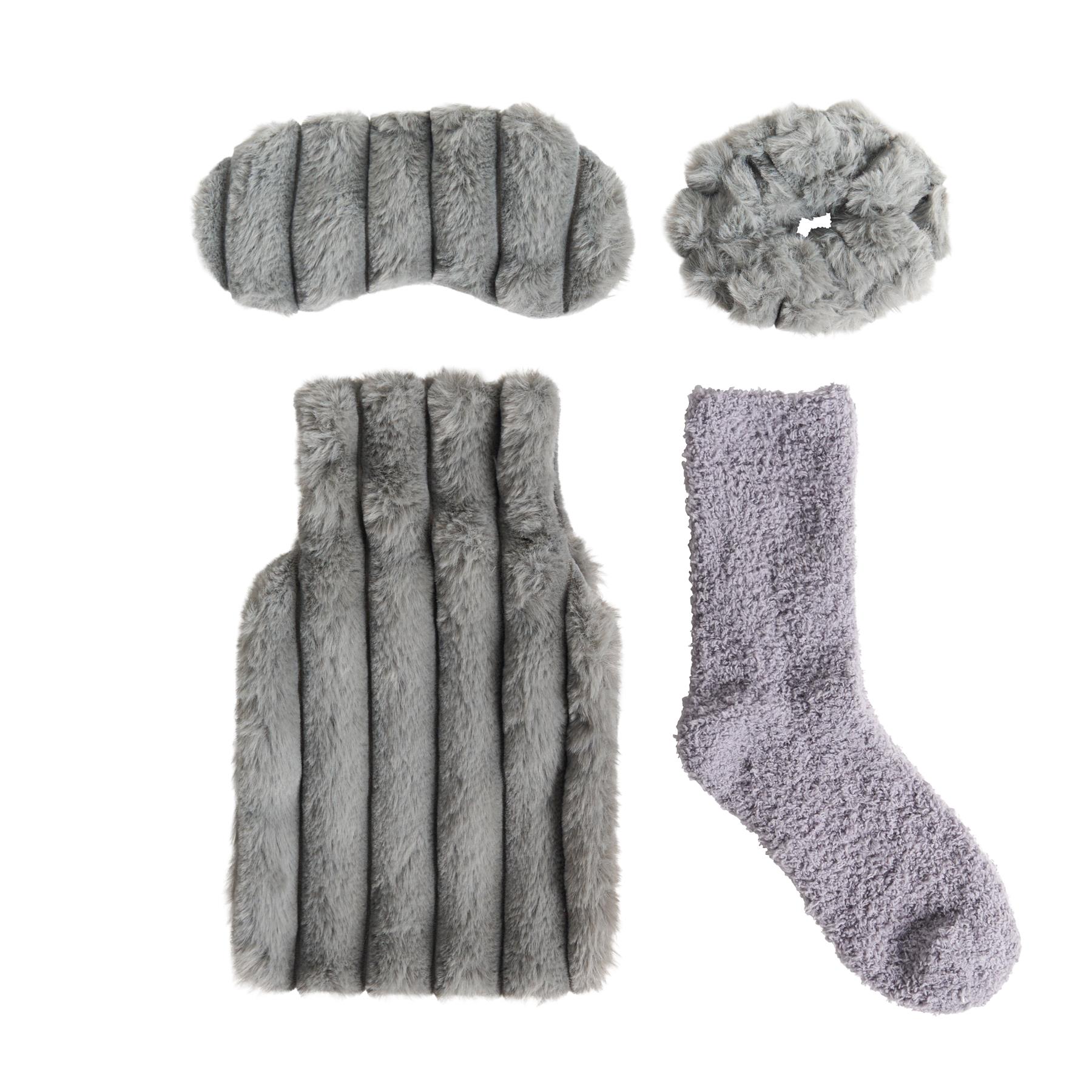 OHS Ribbed Faux Fur Winter Gift Set Hot Water Bottle Socks Eye Mask Scrunchie