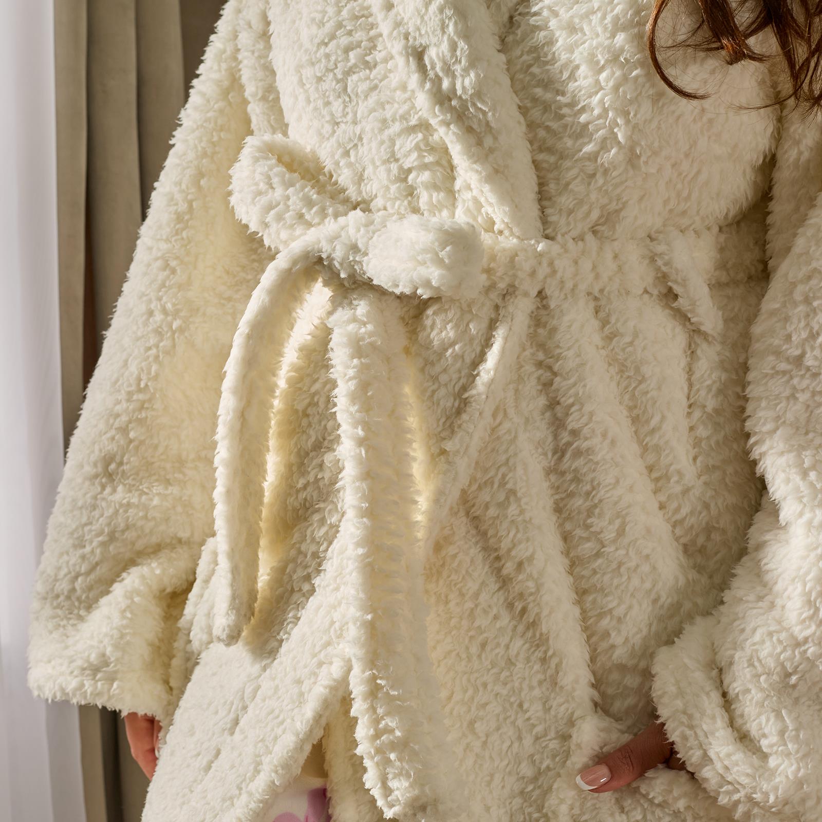 OHS Teddy Fleece Dressing Gown Floor Length Hooded Bathrobe Winter Loungewear