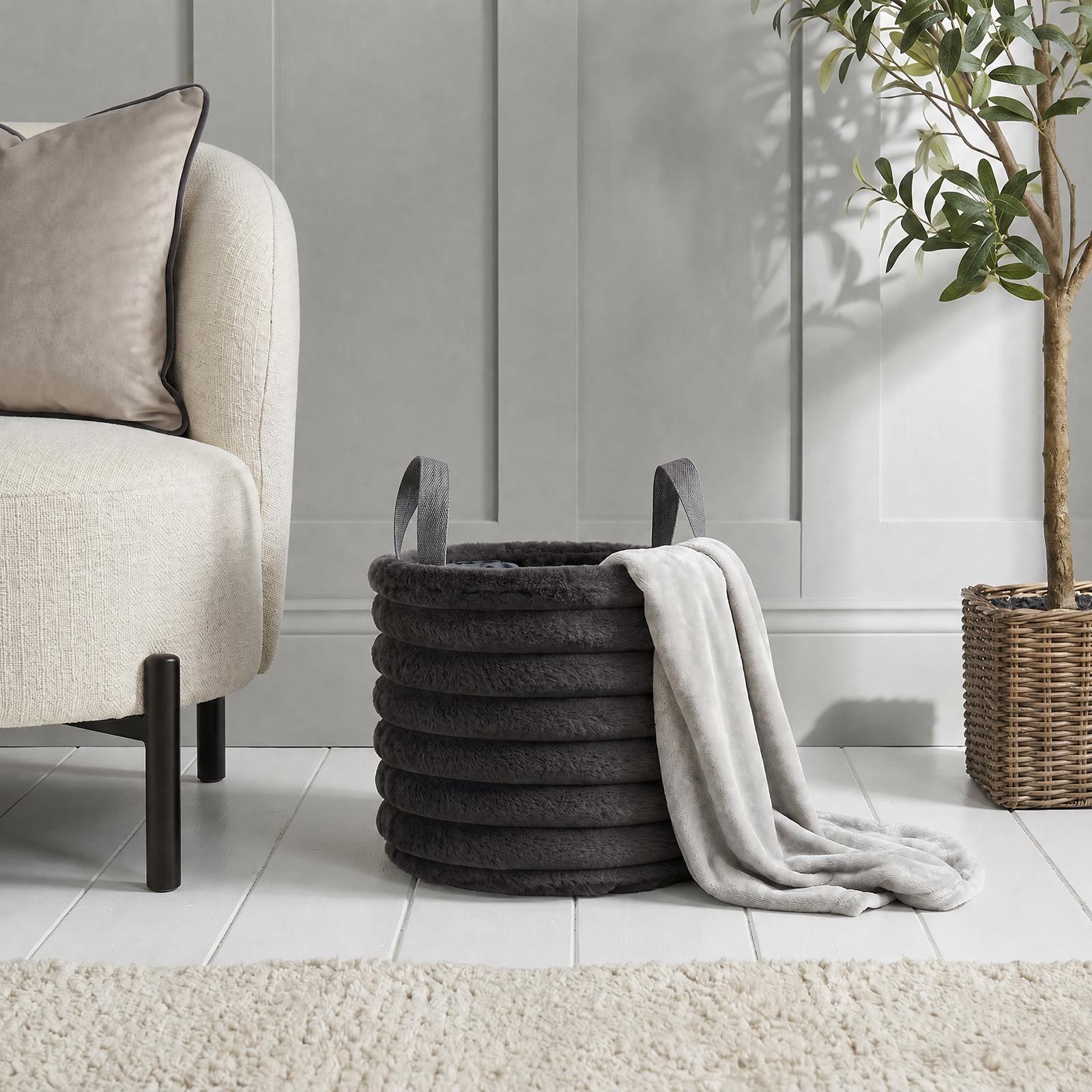 OHS Ribbed Storage Basket with Handles Faux Fur Compact Bucket Organiser