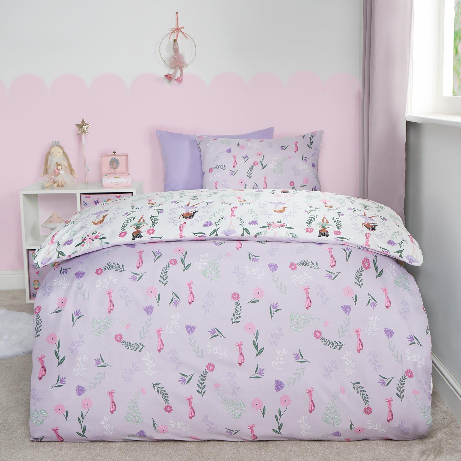 Reversible Duvet Cover Set Kids Ballerina Soft Floral Quilt Pillowcases Bedding
