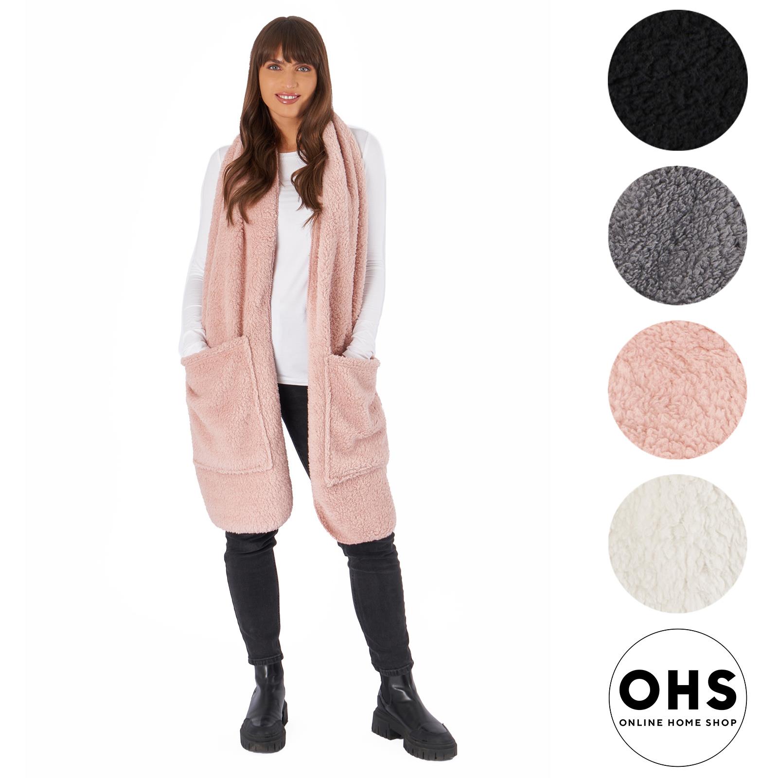 OHS Long Teddy Fleece Scarf Pocket Soft Wrap Plush Womens Shawl Neck Hand Warmer