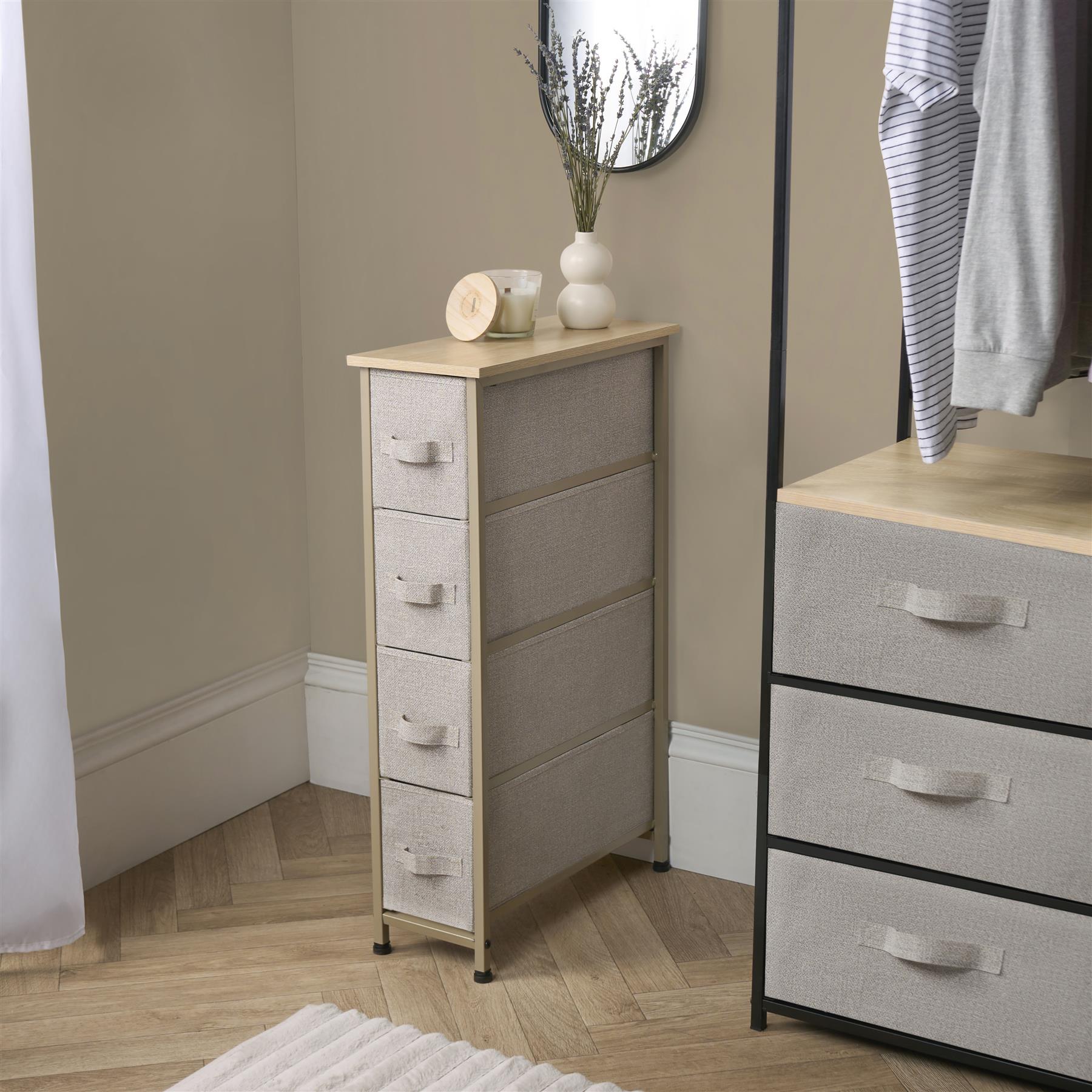 Narrow 4 Drawer Storage Cabinet Bedside Table Unit Clothes Home Fabric Organiser