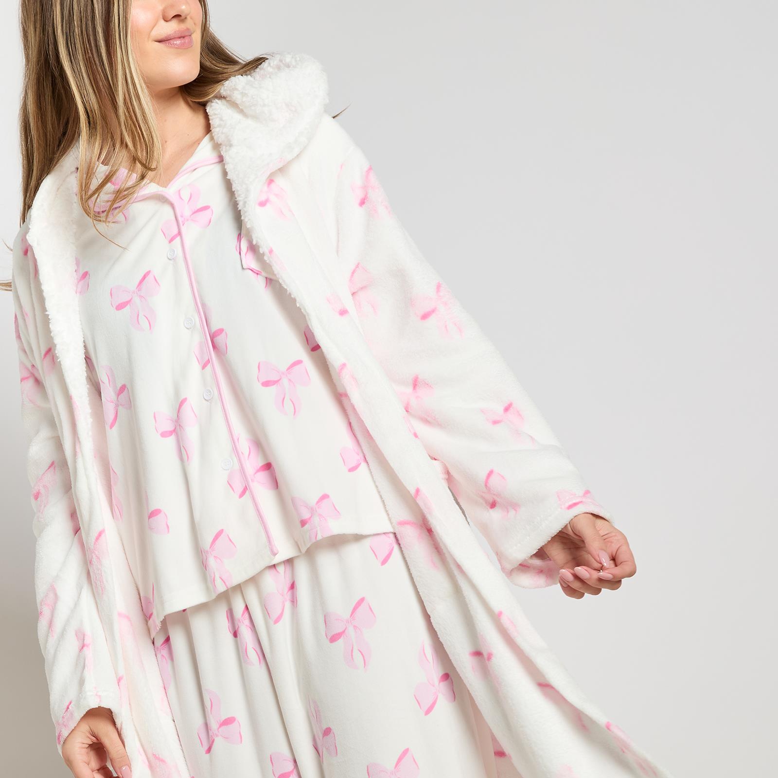OHS Bows Dressing Gown Flannel Winter Sherpa Lined Loungewear Hooded Bathrobe