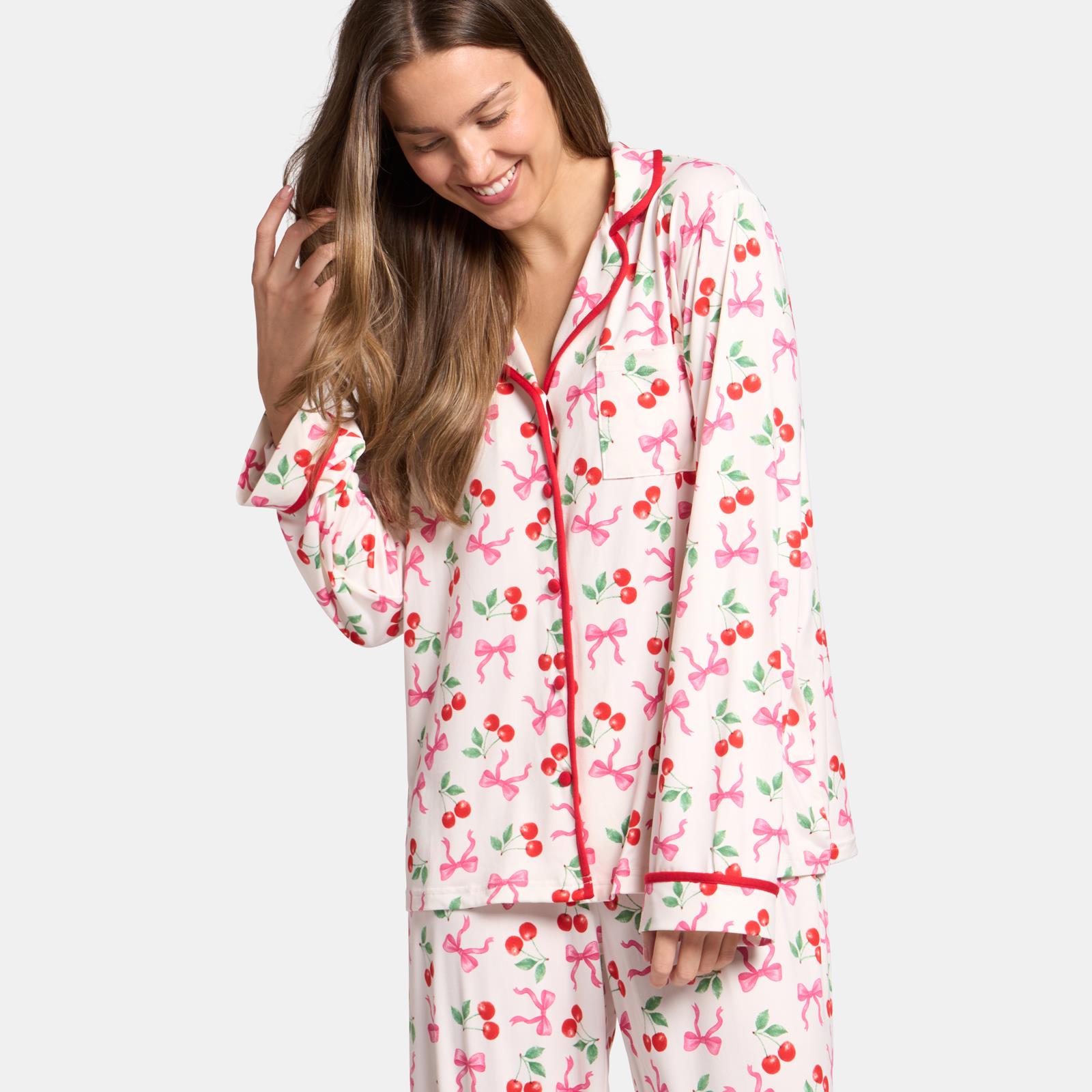 OHS Bows Pyjama Set Womens Jersey Button Through Soft Nightwear Loungewear