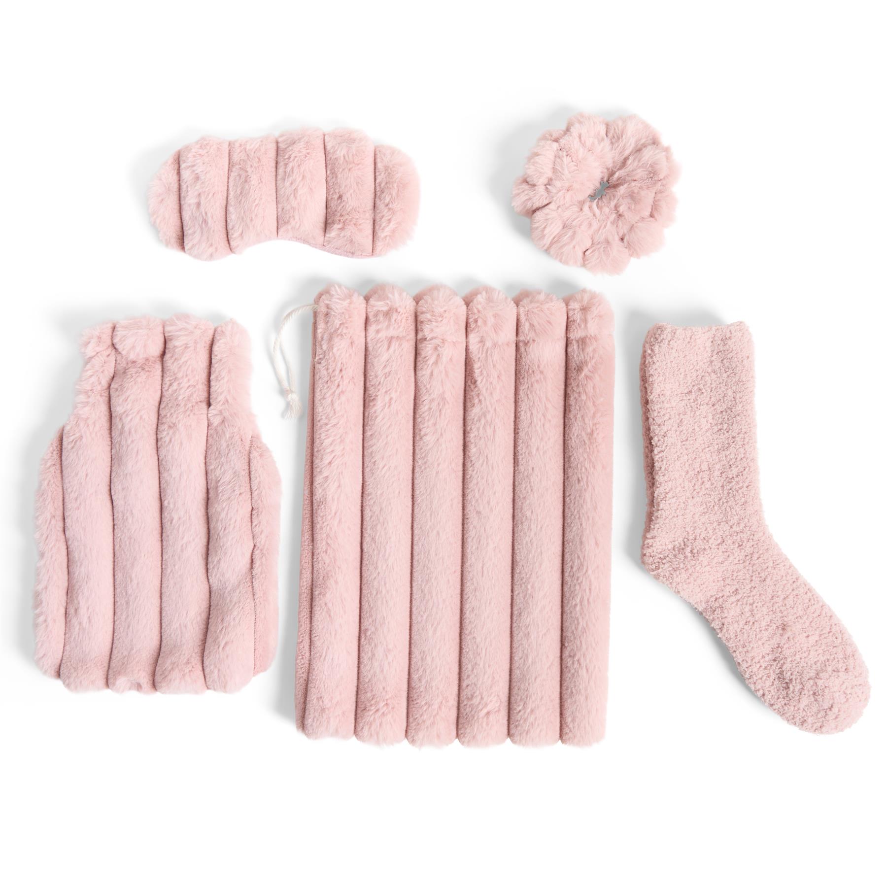 OHS Ribbed Faux Fur Winter Gift Set Hot Water Bottle Socks Eye Mask Scrunchie