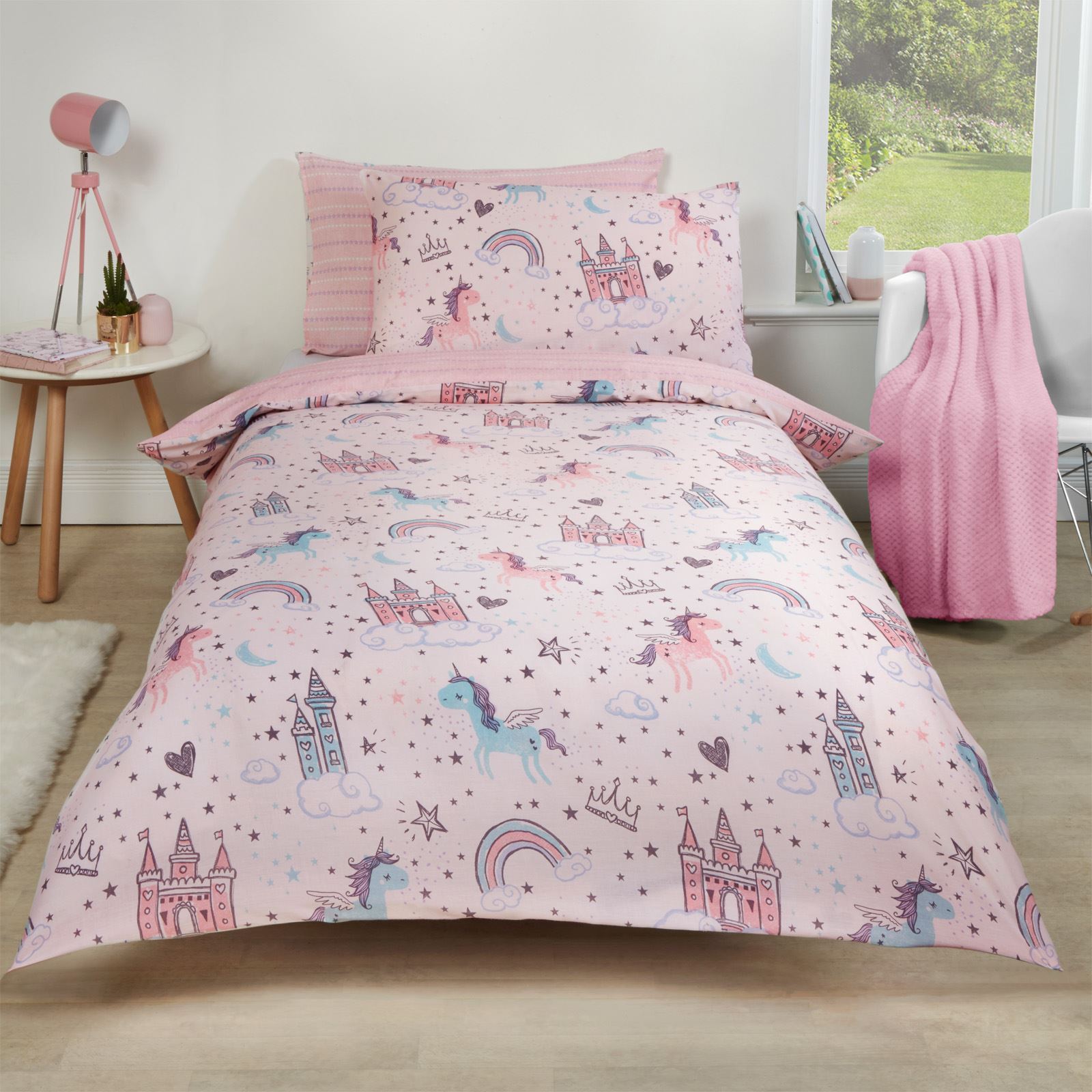 Dreamscene Unicorn Kingdom Duvet Cover and Pillowcase Kids Pink Star Bedding Set