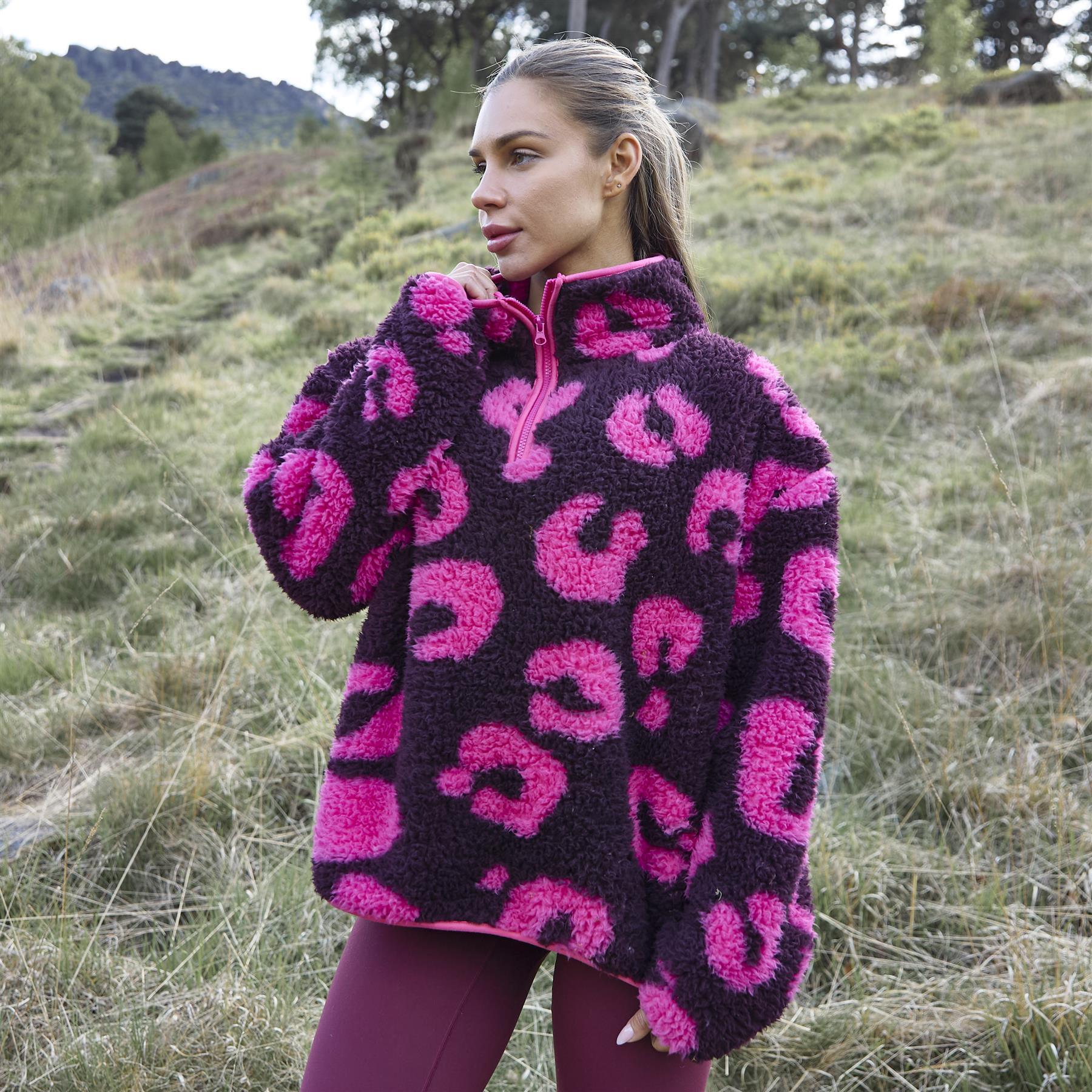 OHS Print Teddy Fleece Half Zip Jumper Womens Pullover Sweatshirt Long Sleeve