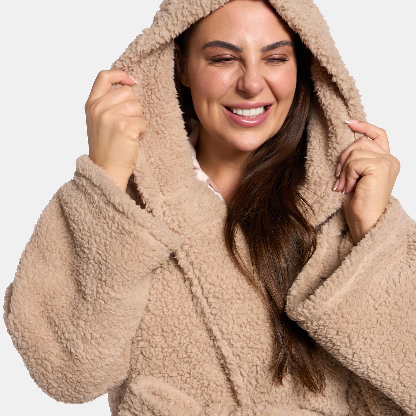 OHS Teddy Fleece Dressing Gown Floor Length Hooded Bathrobe Winter Loungewear