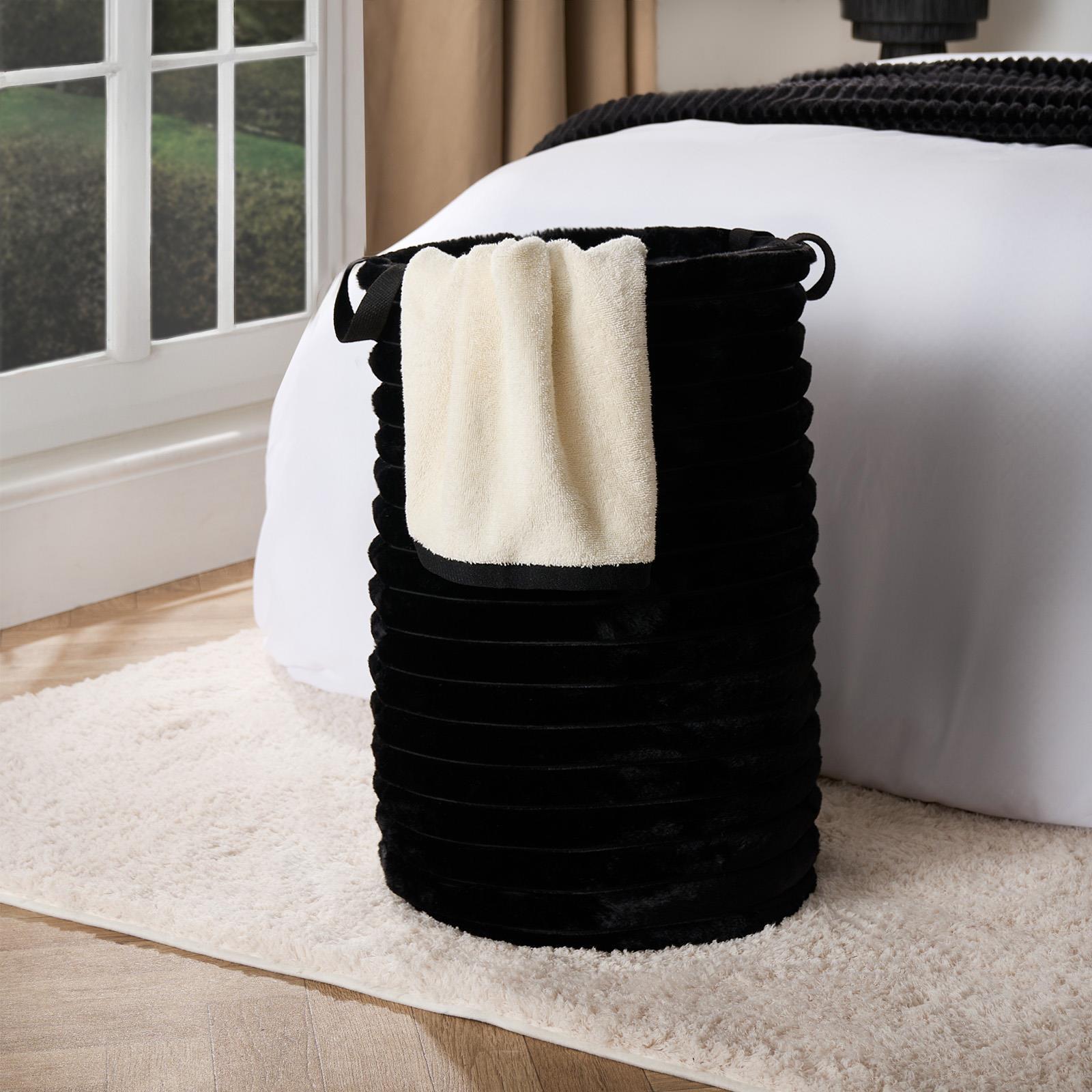 OHS Ribbed Laundry Basket Faux Fur Folding Hamper Bag Clothes Bin with Handles