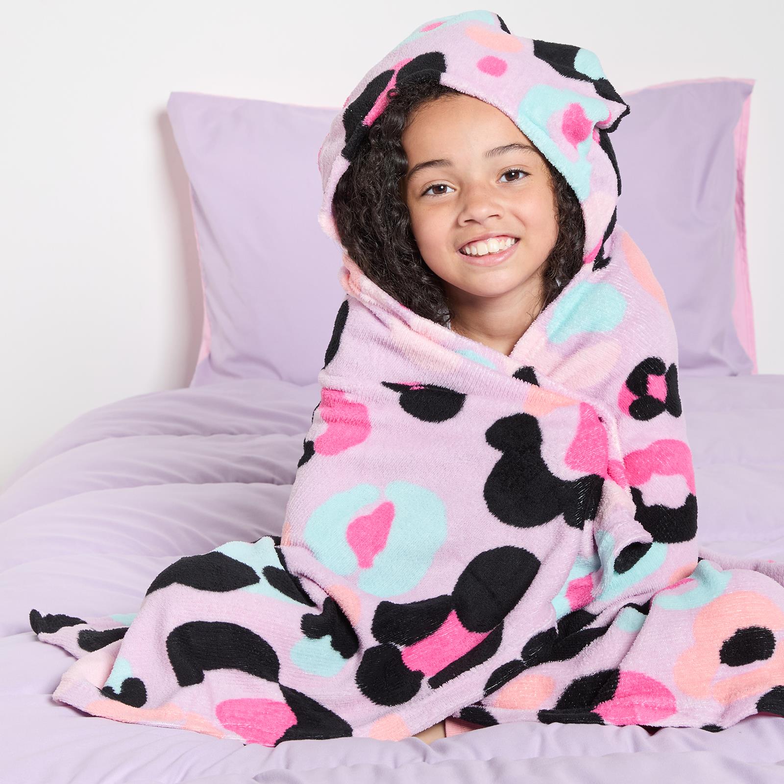 OHS Kids Hooded Throw Novelty Print Flannel Fleece Winter Warm Wearable Blanket
