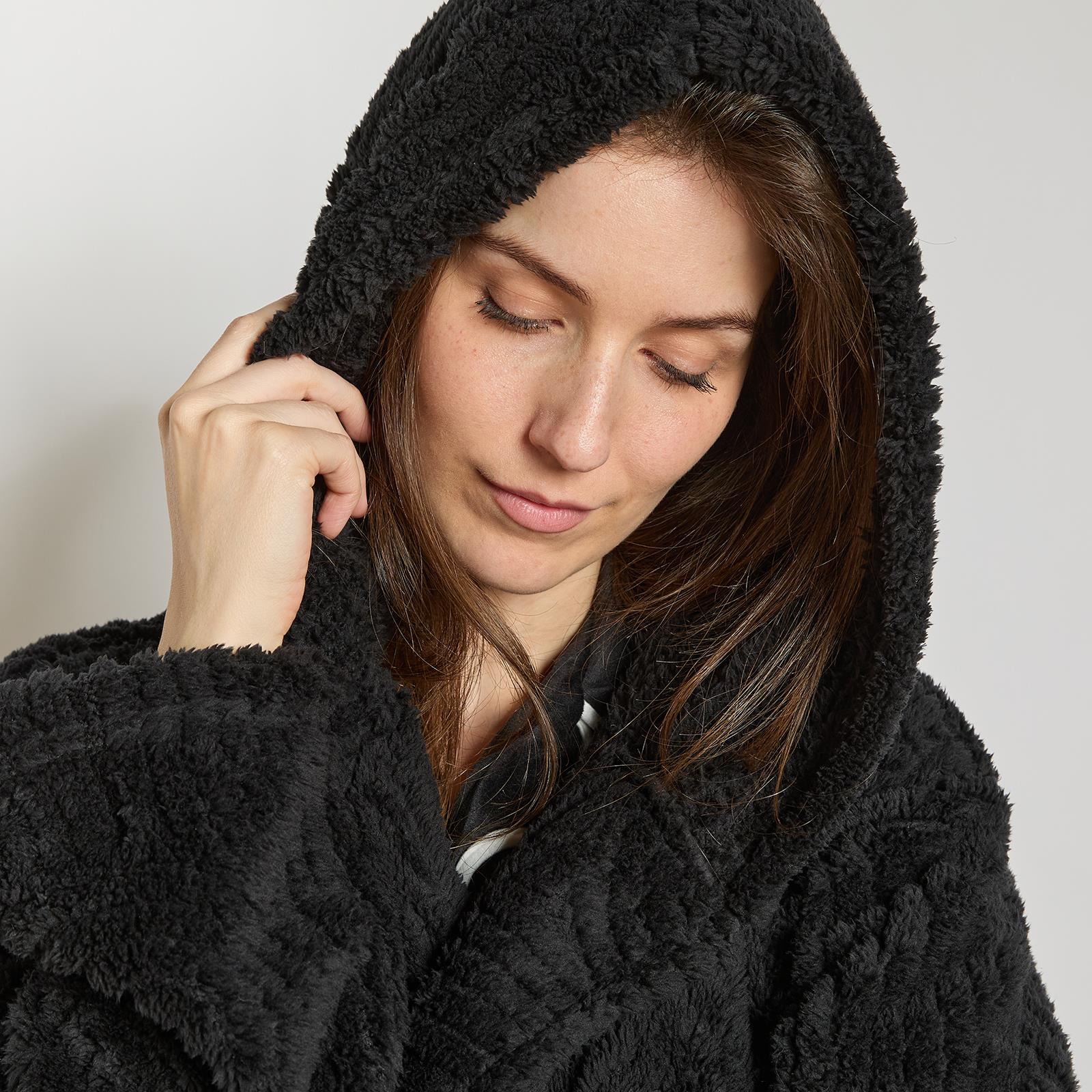 OHS Tufted Dressing Gown Soft Fleece Robe Thermal Bathrobe Hooded Loungewear