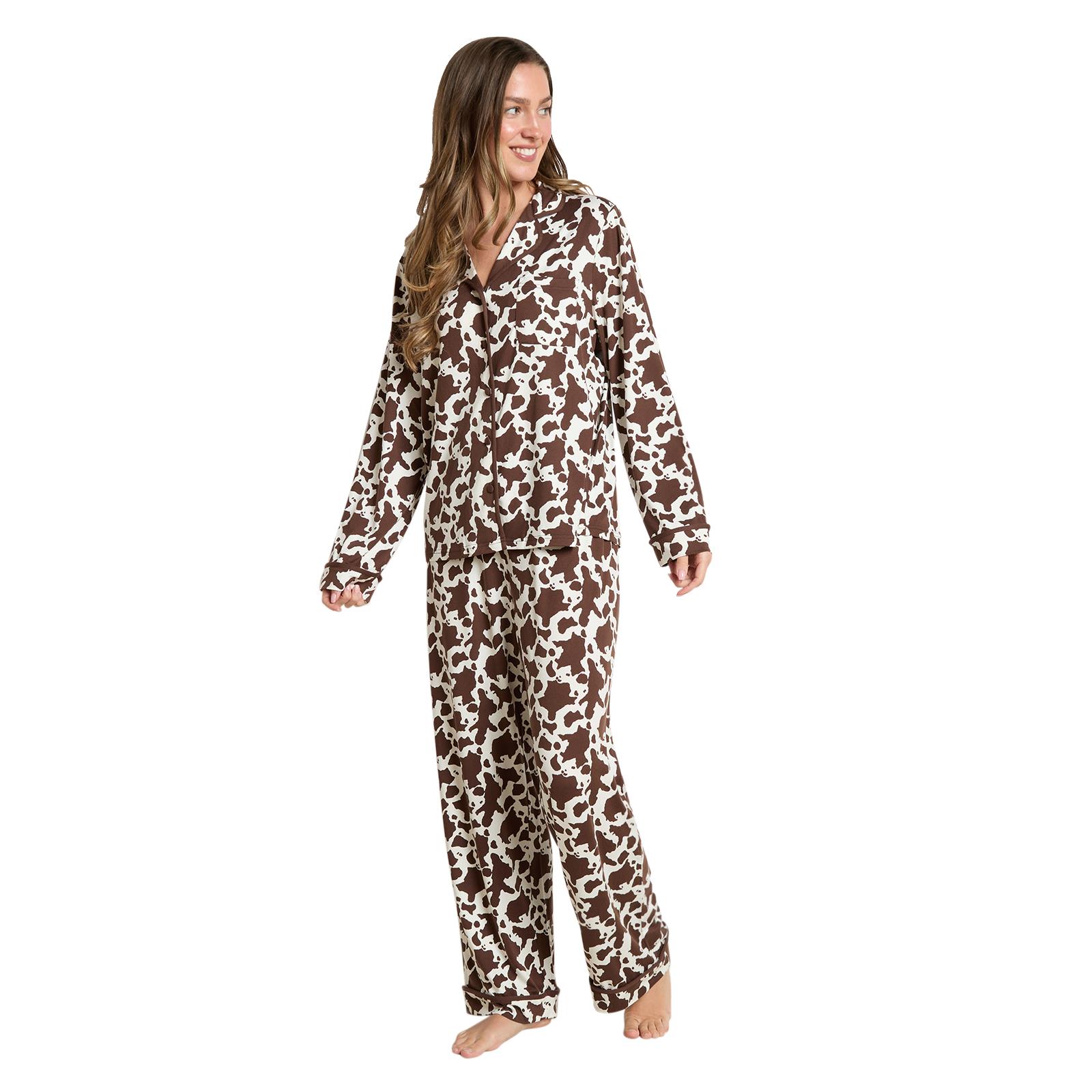 OHS Animal Print Pyjama Set Jersey Button Through Nightwear Loungewear