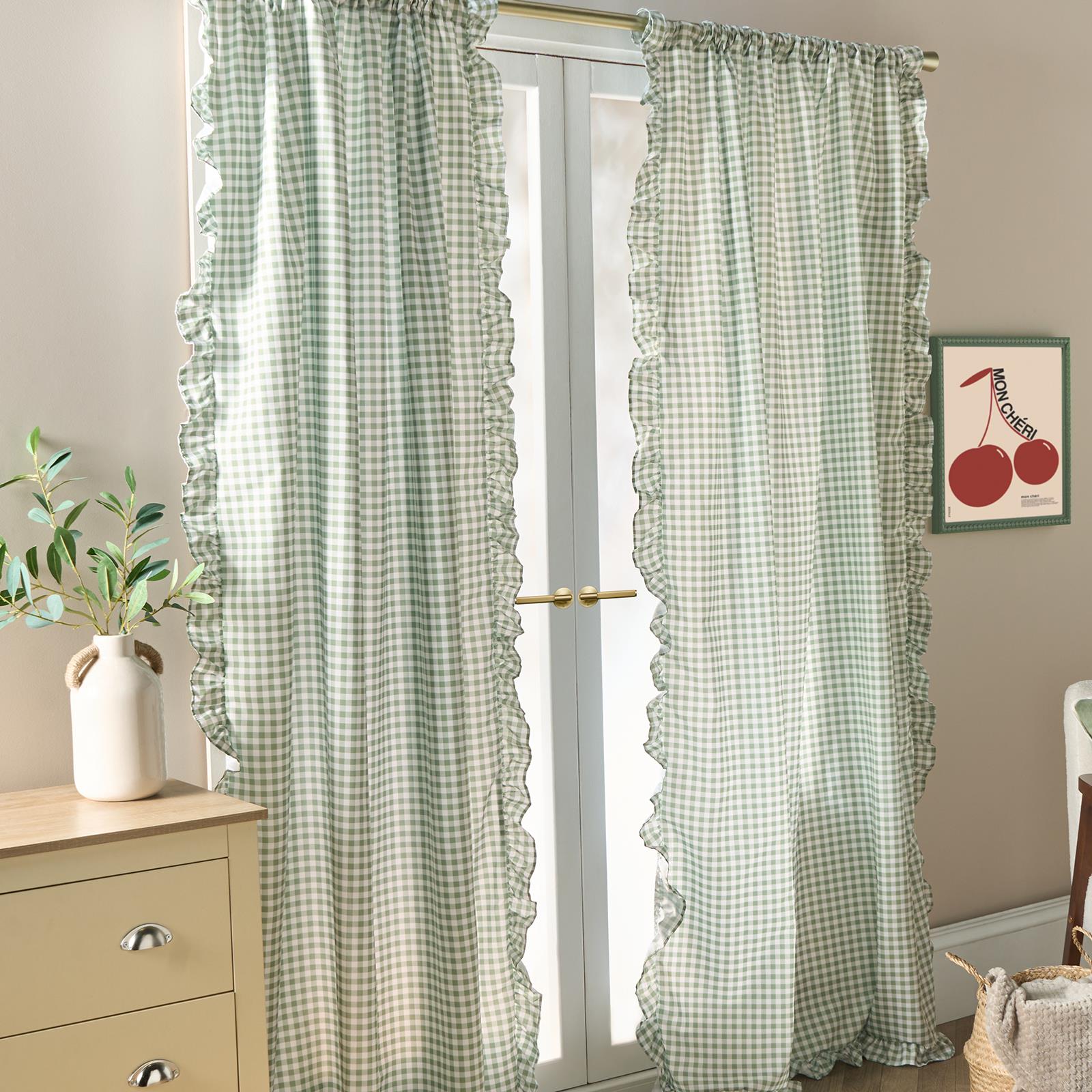 OHS Gingham Frill Voile Net Curtains 2 Window Panels Sheer Rod Slot Top Pair Set
