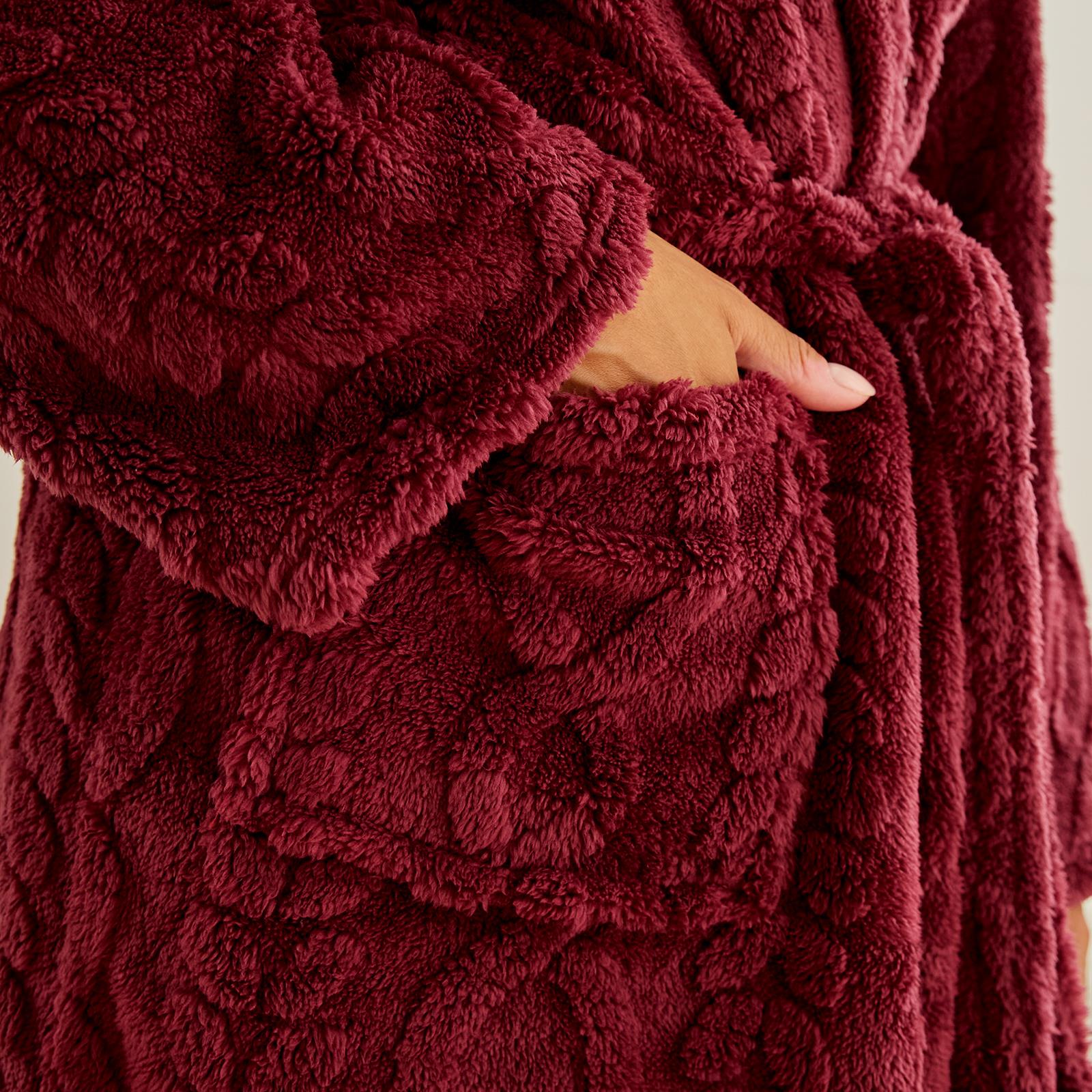OHS Cable Knit Dressing Gown Flannel Fleece Winter Loungewear Hooded Bathrobe