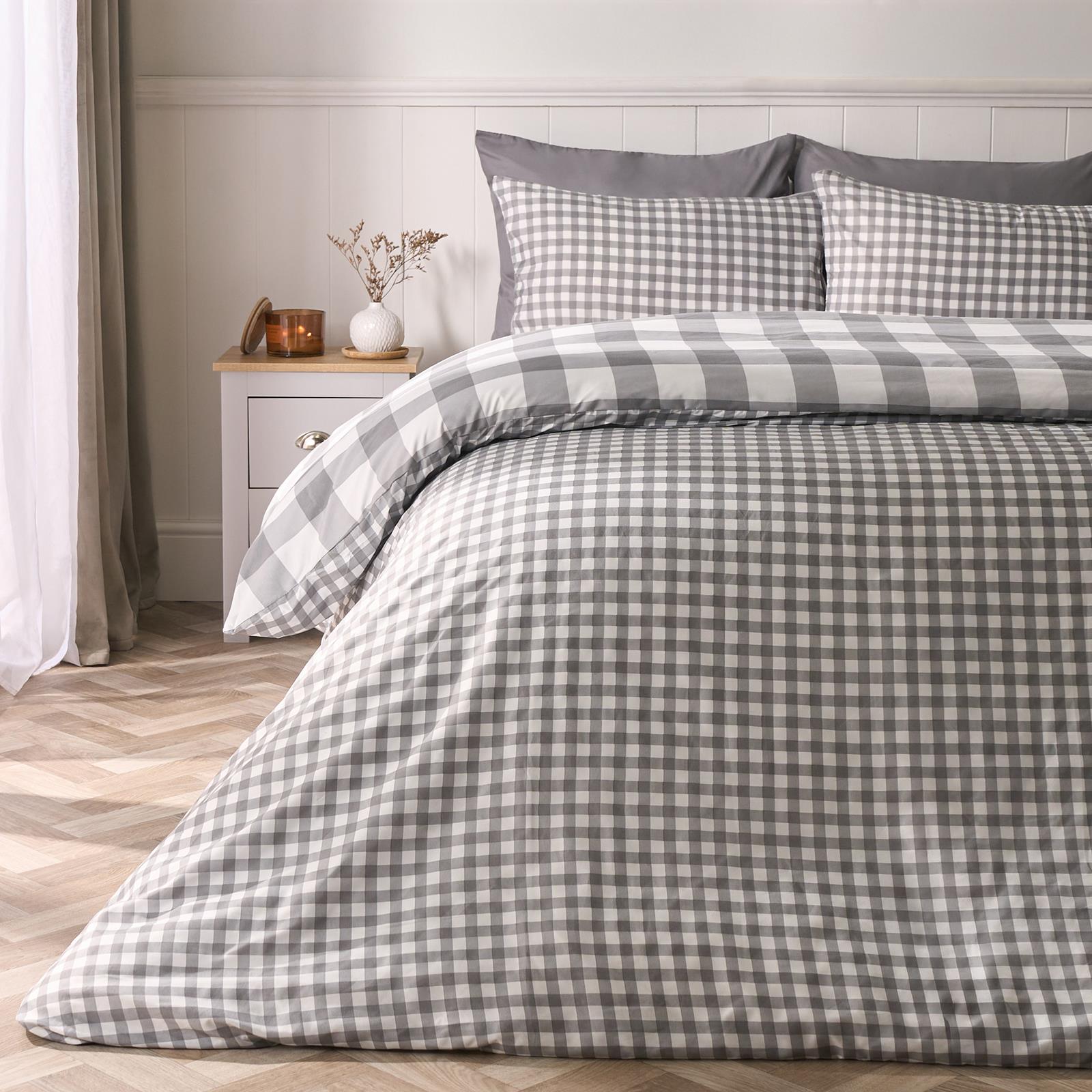 OHS Gingham Duvet Cover Bedding Set Check Quilt Pillowcase Reversible
